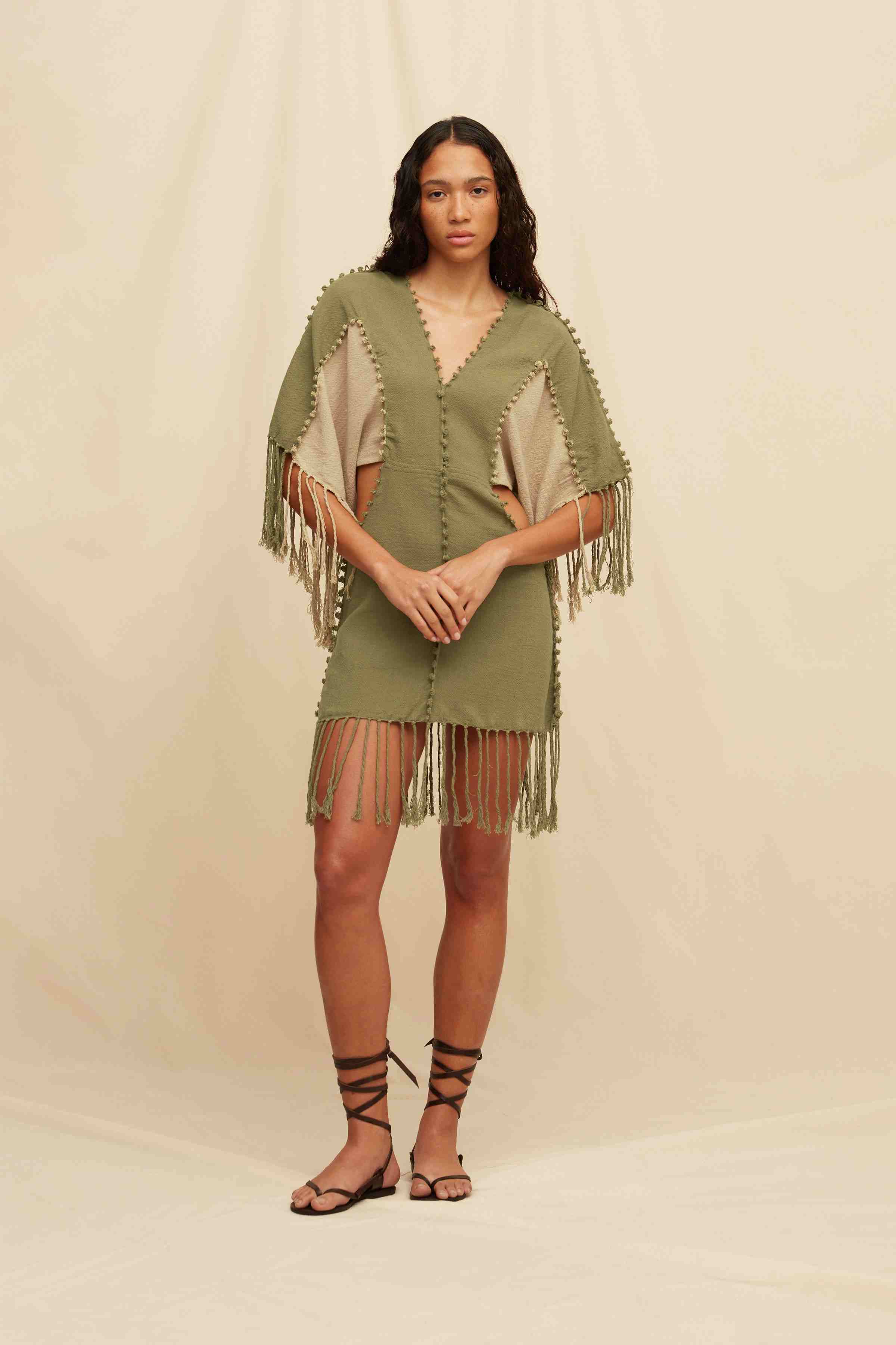 Pochil Mini Dress Cotton Jute - Olive / Sepia