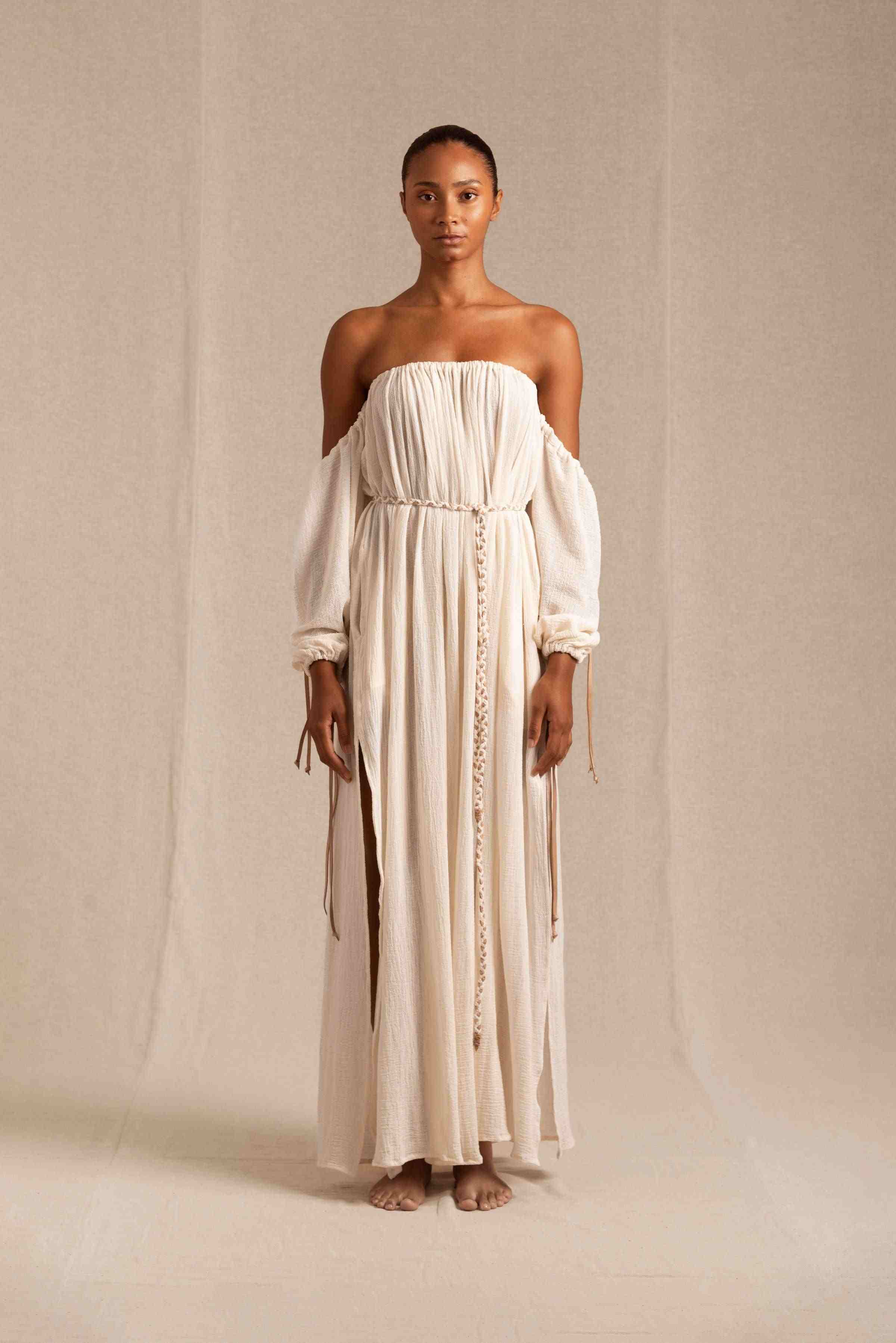 Caravana Womens Maxi Dress Hand Woven Cotton Gauze with Cow Leather Trim Details in Natural White One Size Caravana Womens Maxi Dress Hand Woven Cotton Gauze with Cow Leather Trim Details in Natural White One Size