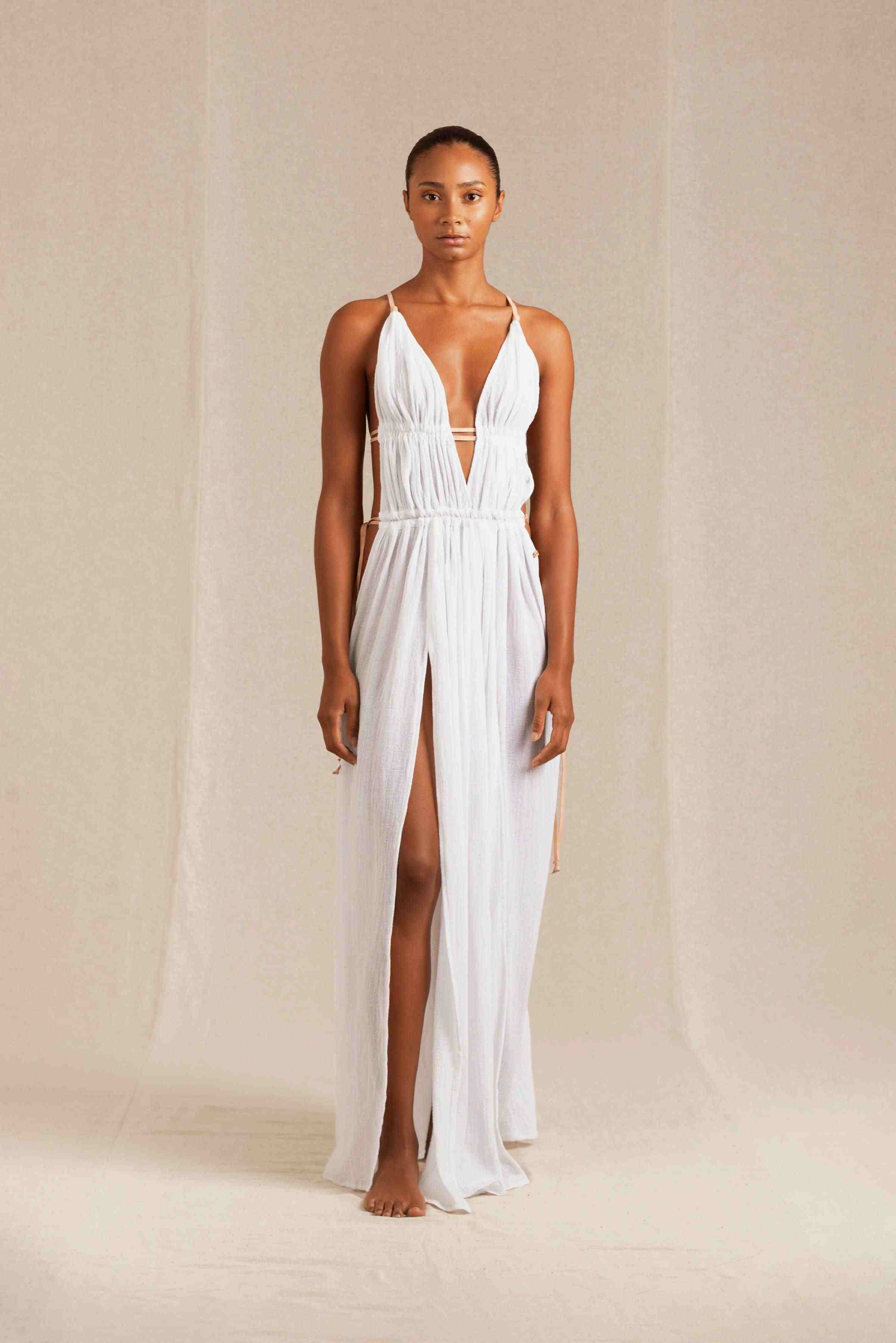Caravana Womens Designer Maxi Dress with Cow Trim and Ruched Details in White Caravana Womens Designer Maxi Dress with Cow Trim and Ruched Details in White