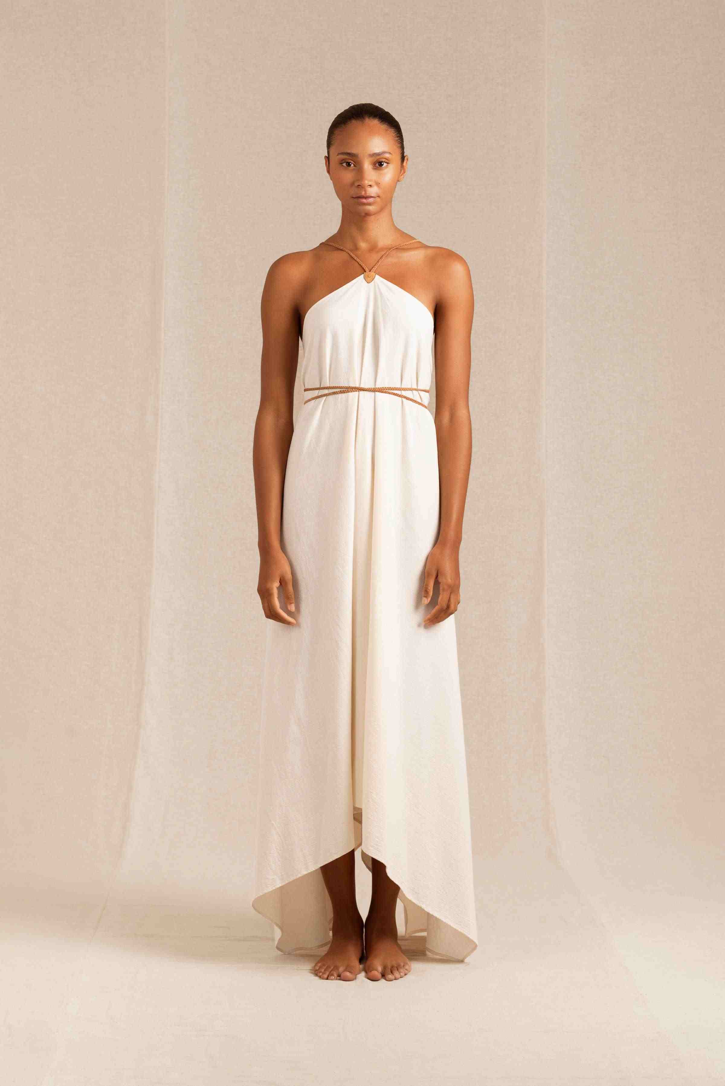 Caravana Womens Maxi Dress Sustainable Artisanal Cotton with Halter Neck In Natural One Size Caravana Womens Maxi Dress Sustainable Artisanal Cotton with Halter Neck In Natural One Size