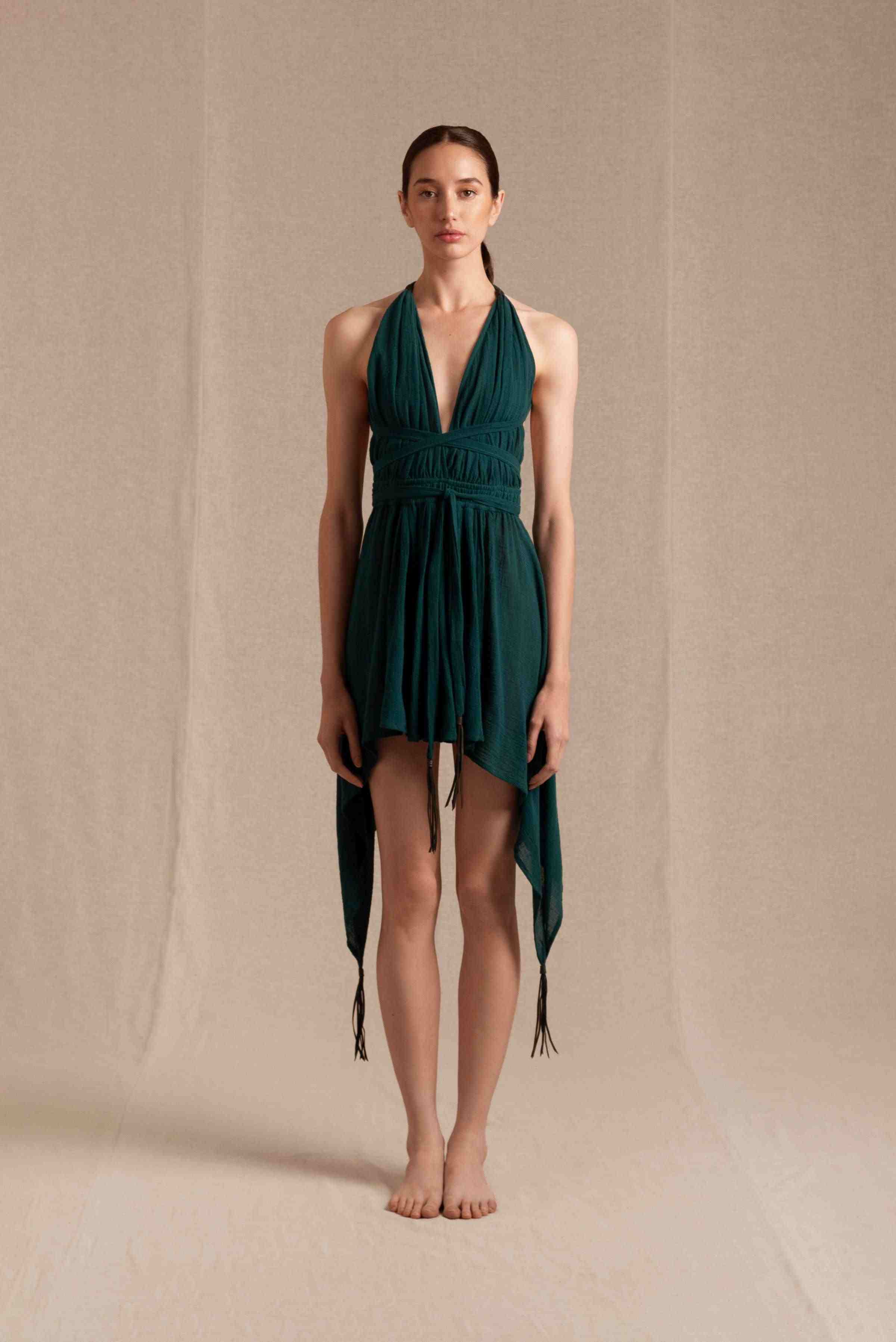 Caravana Womens Mini Dress Cotton Gauze Deep V Neck Leather Trim Details Adjustable Ties in Alpine Green caravana.land Caravana Womens Mini Dress Cotton Gauze Deep V Neck Leather Trim Details Adjustable Ties in Alpine Green caravana.land