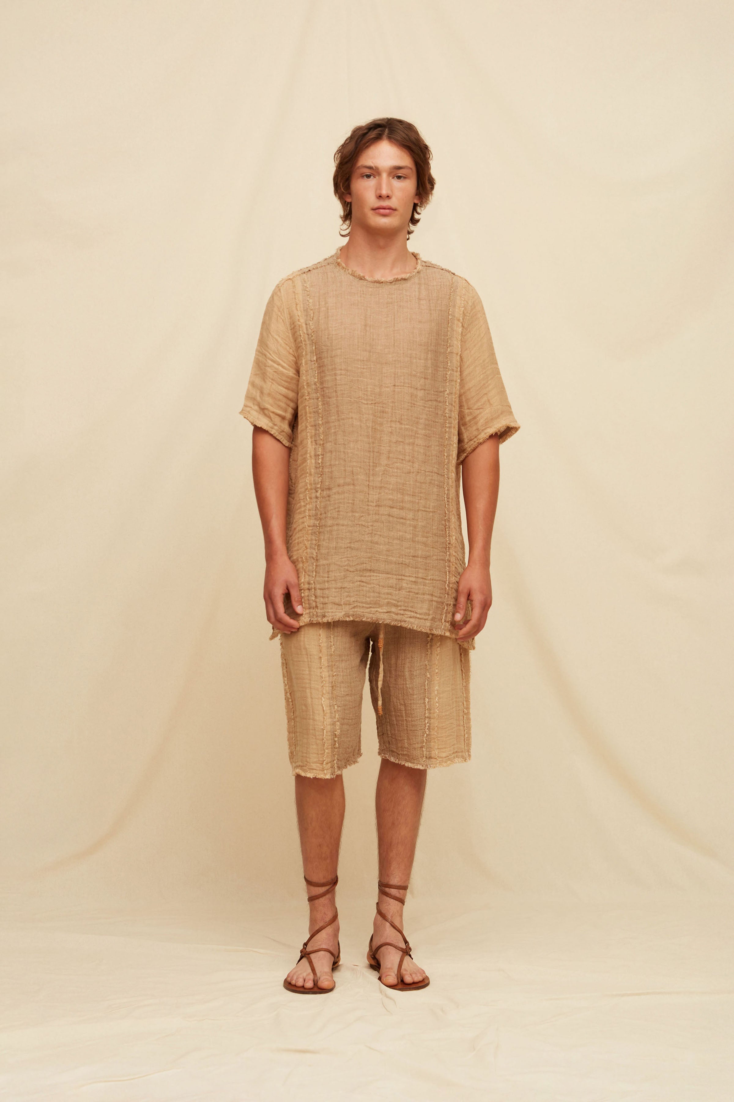 Damoni Lines Shirt Linen Cotton - Taupe / Clay