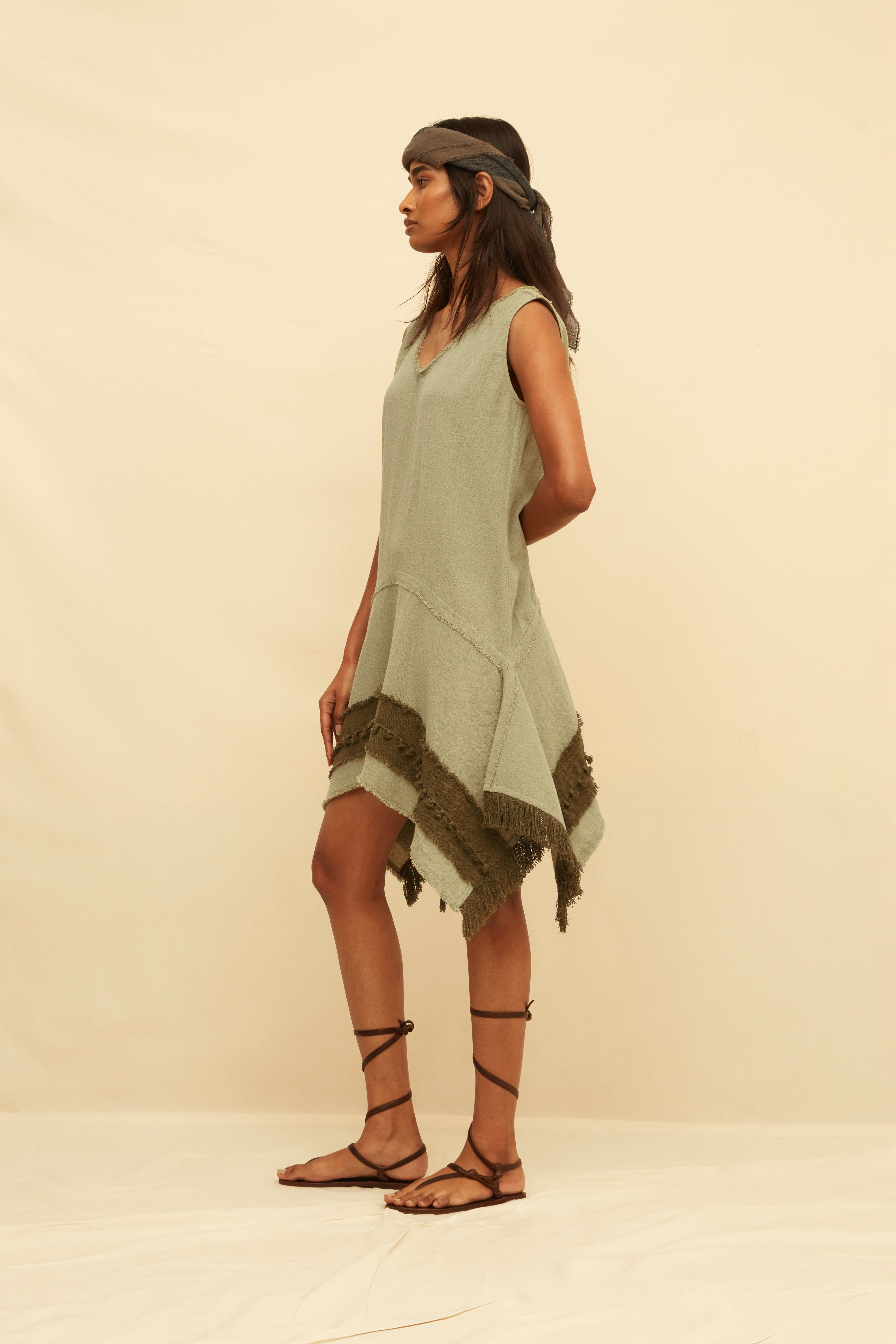 Erya Mini Dress Artisanal Cotton - Sage / Olive