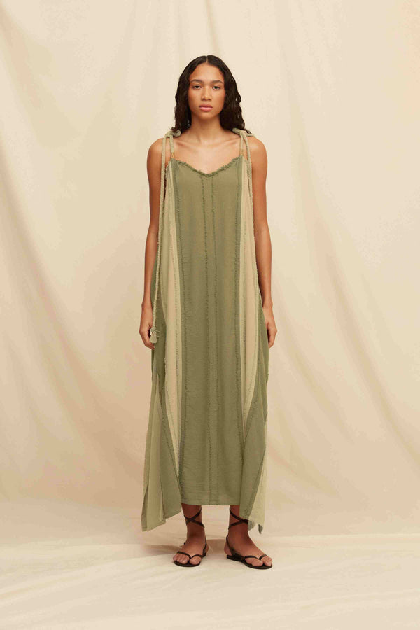 Akbal Lines Dress Artisanal Cotton - Olive / Sepia
