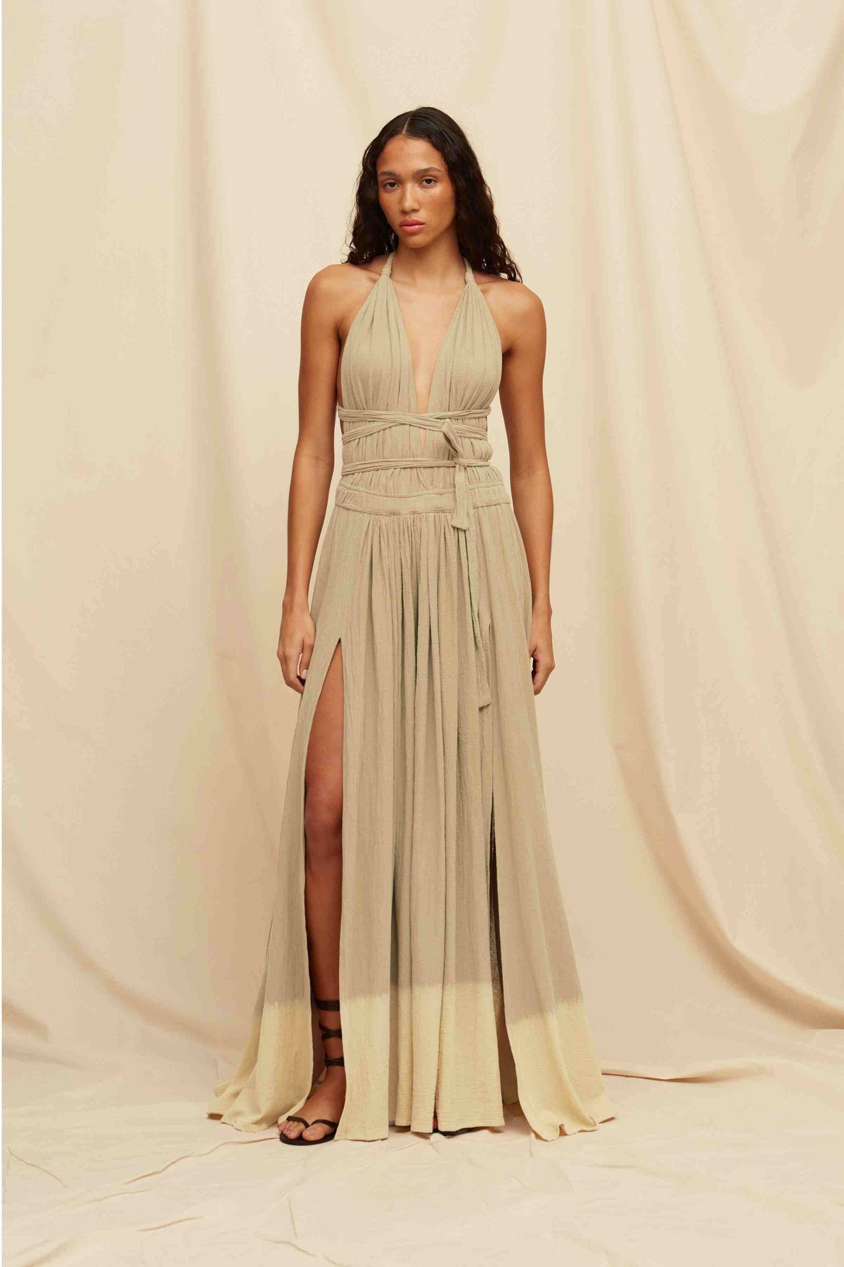 Caravana Womens Tie Dye Maxi Dress A-Line Shilouette with Slash Neck Open Back Front Slits Sepia Brown One Size