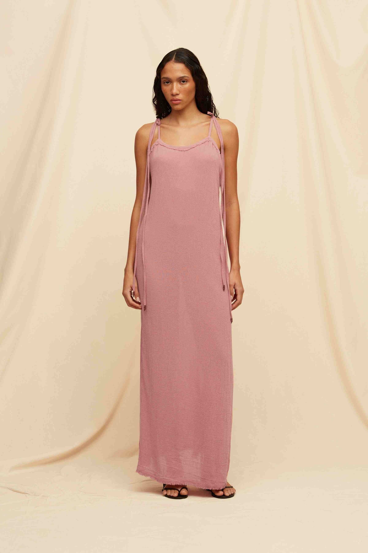 Caravana Womens Sleeveless Maxi Dress with Sustainable Cotton and Frayed Detailing In Dusky Pink One Size