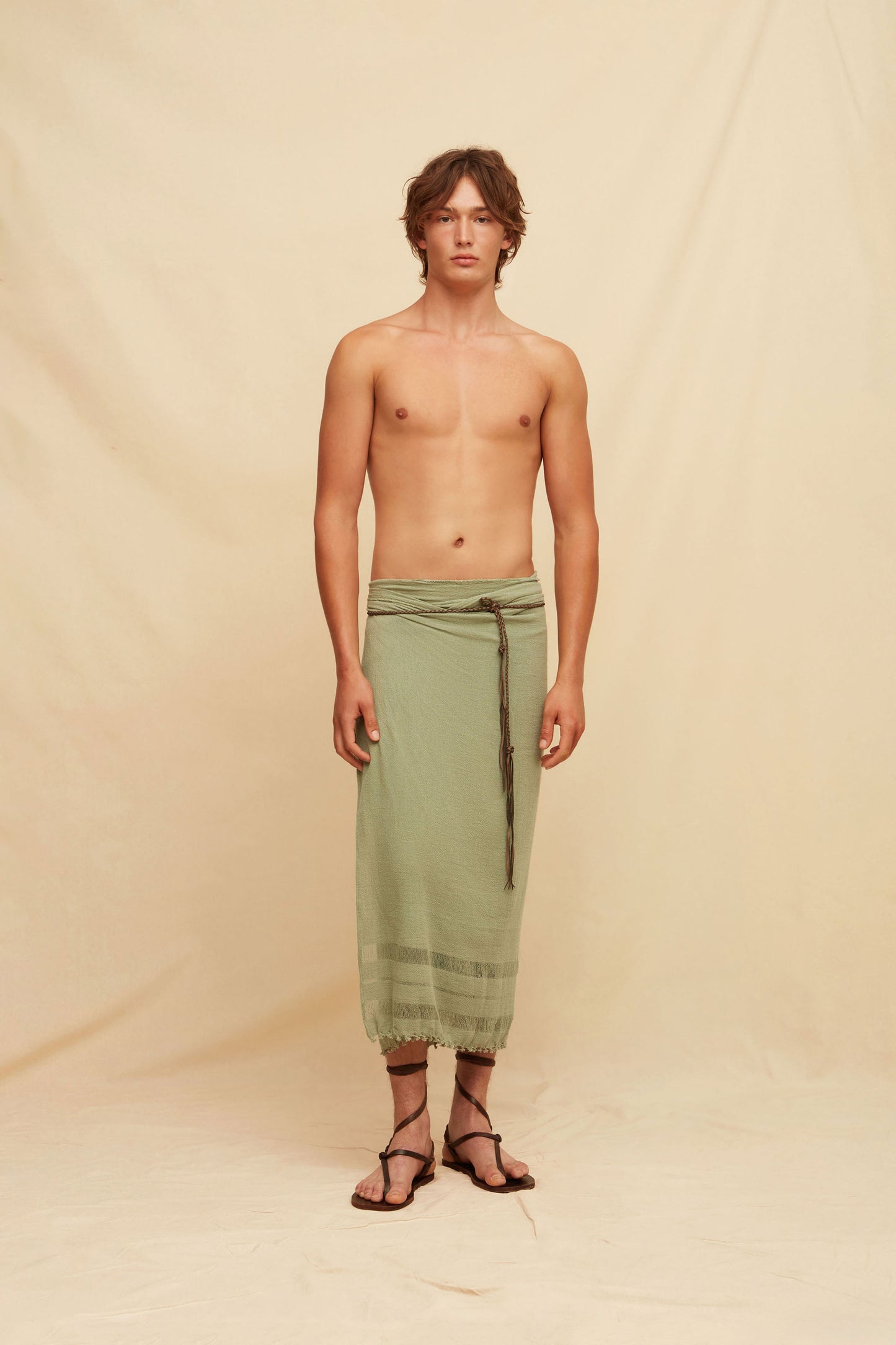 Long Pareo Cotton Leather Jute - Sage Green