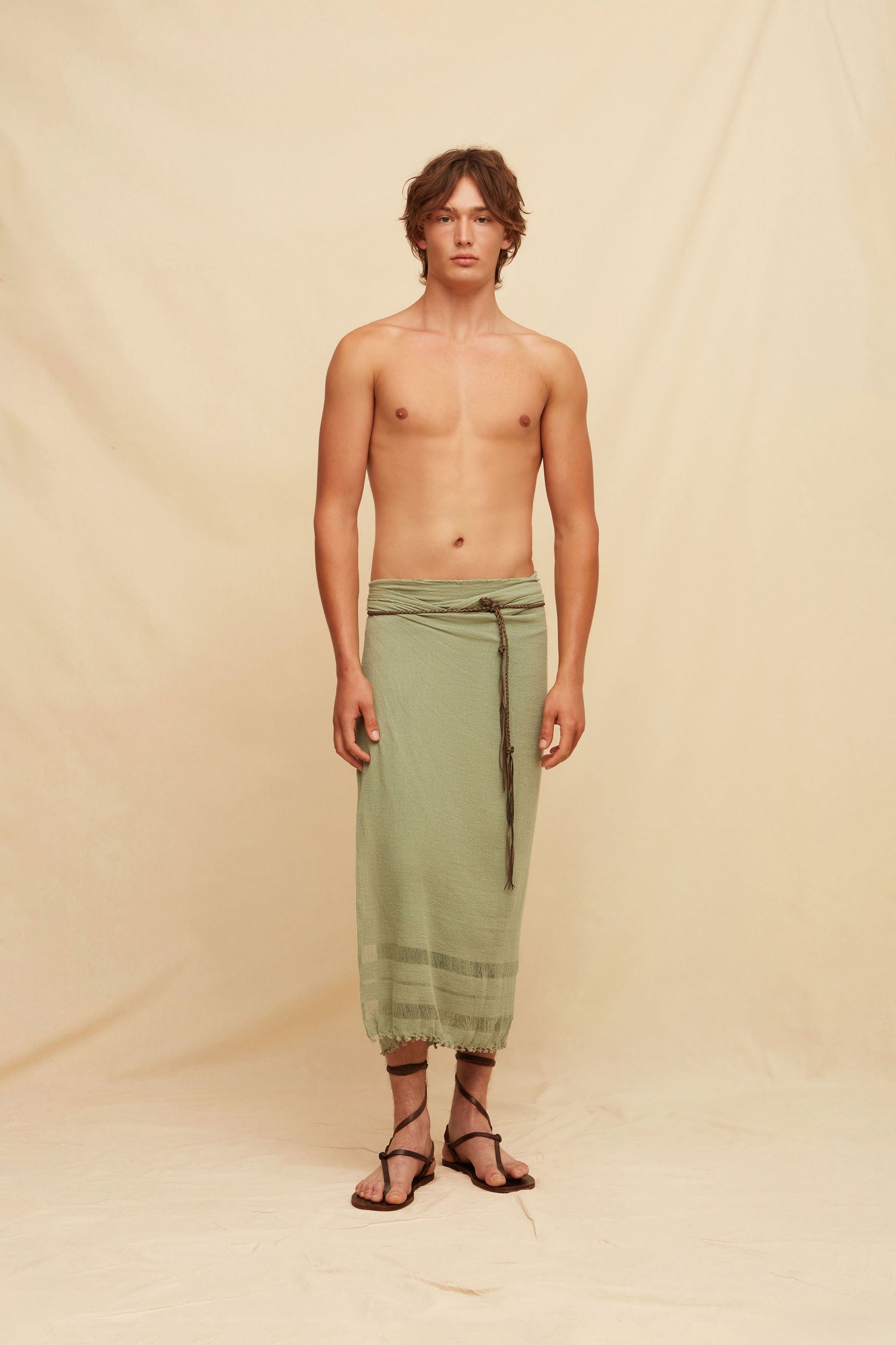 Long Pareo Cotton Leather Jute - Sage Green