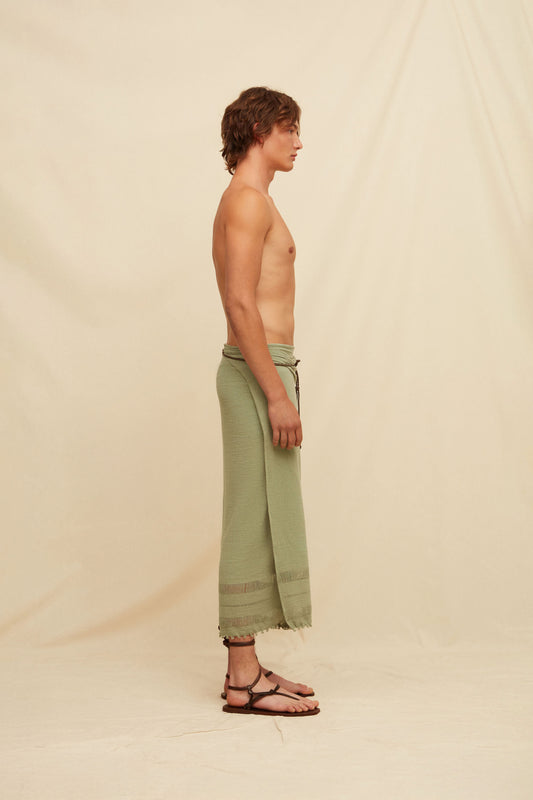 Long Pareo Cotton Leather Jute - Sage Green
