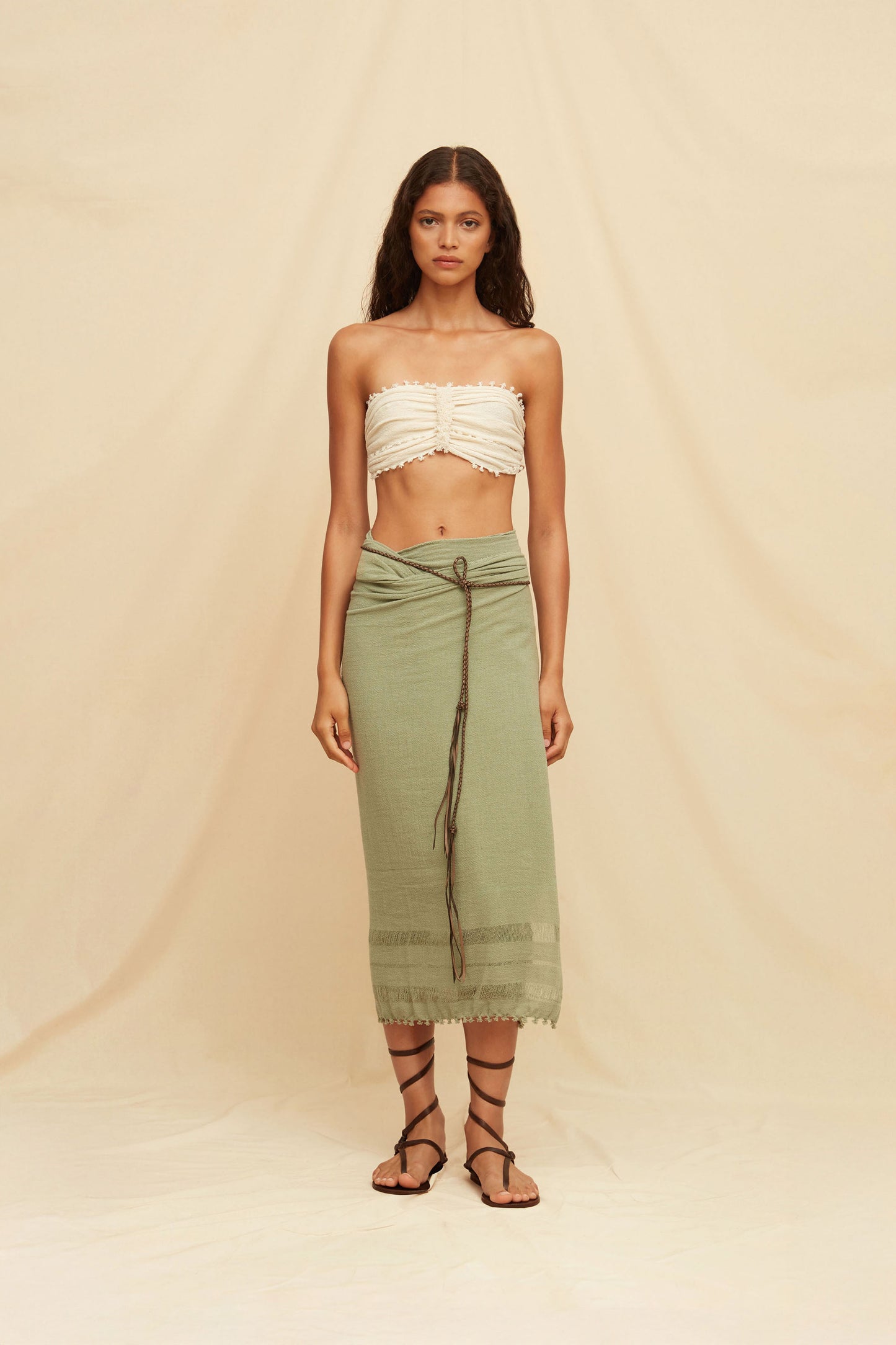 Long Pareo Cotton Leather Jute - Sage Green