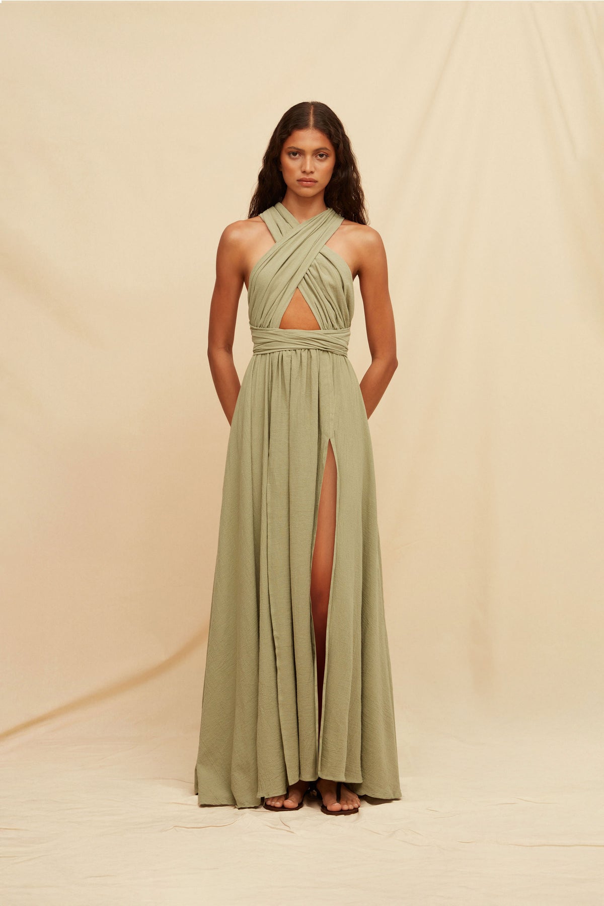 slim fit dress slacks SELENA Long Dress Goddess Sage Green Maxi Open Back Cotton – AJJAYA main image 1
