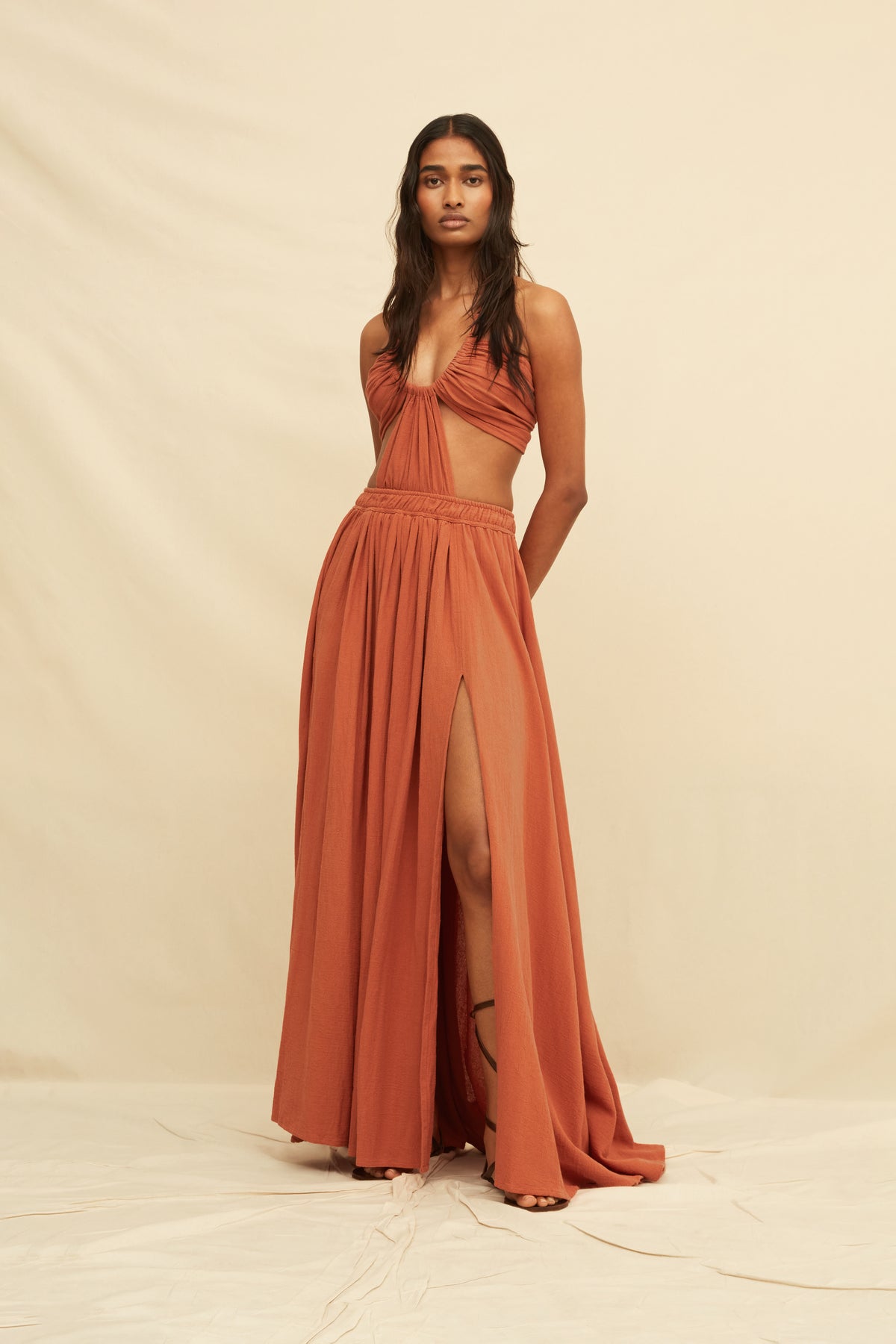 artisanal maxi dress for women One Size Made In Mexico Fabric Covered Buttons Pockets Size:XS 55 Beige Midi Graduation Dresses setitem-21209-21210