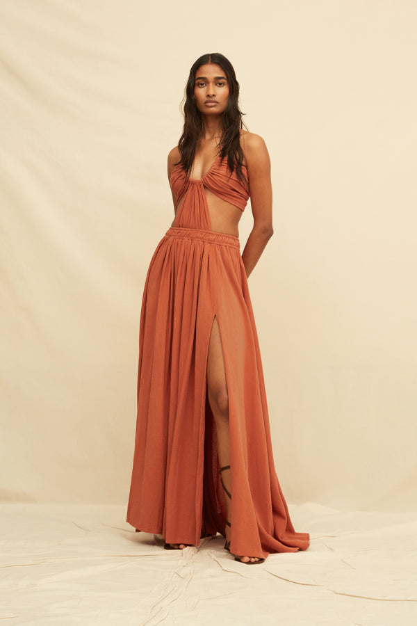 Xpujil Maxi Dress Artisanal Cotton - Burnt Ochre