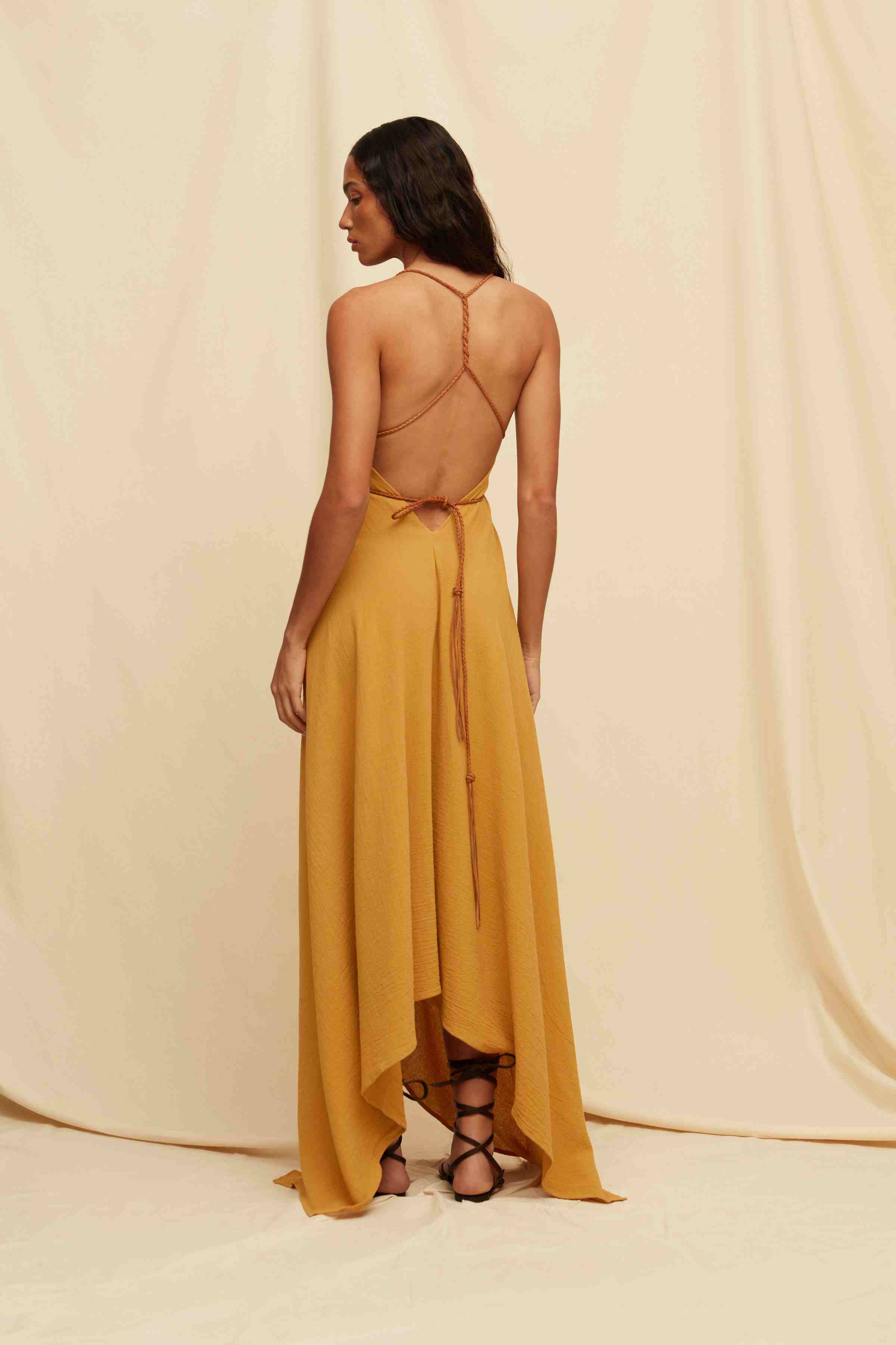 Caravana Womens Sleeveless Maxi Dress with Plunging V Neckline and Open Back in Mustard Yellow One Size Caravana Womens Sleeveless Maxi Dress with Plunging V Neckline and Open Back in Mustard Yellow One Size