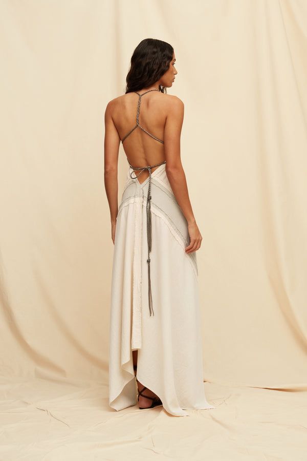 Yatzil Lines Dress Artisanal Cotton - Quiet Grey / Natural
