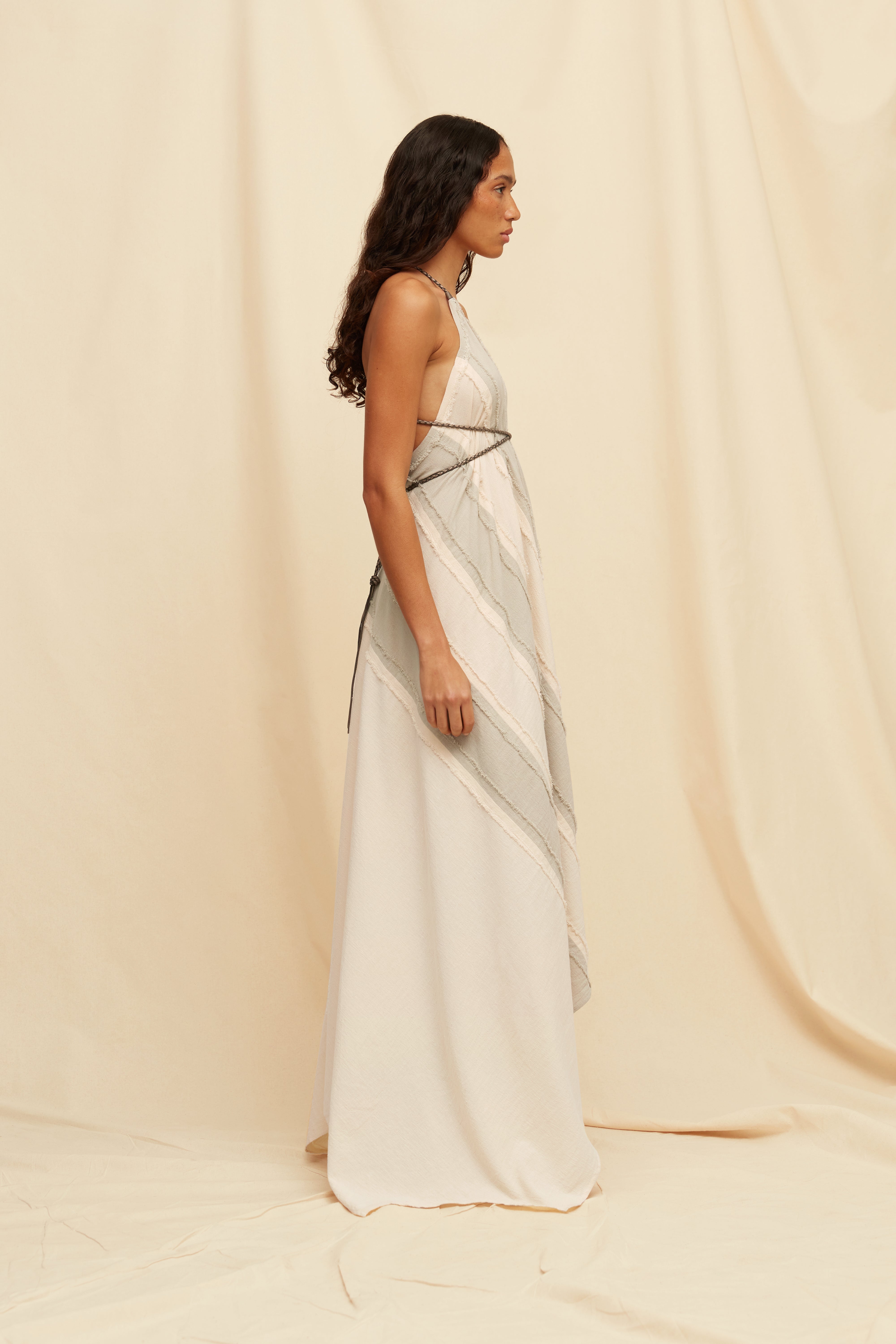 Yatzil Lines Dress Artisanal Cotton - Quiet Grey / Natural