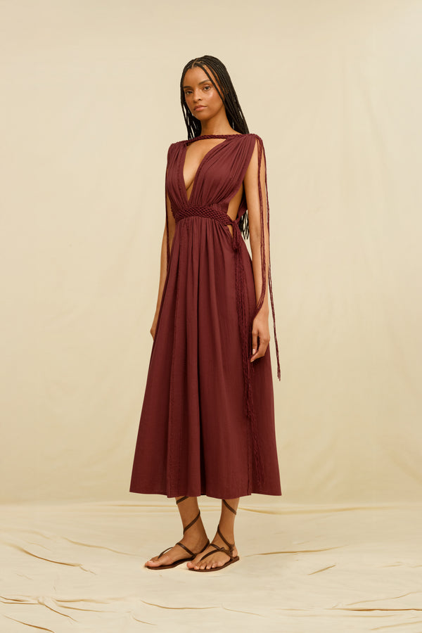 Lazara Midi Dress Artisanal Cotton - Ruby Wine