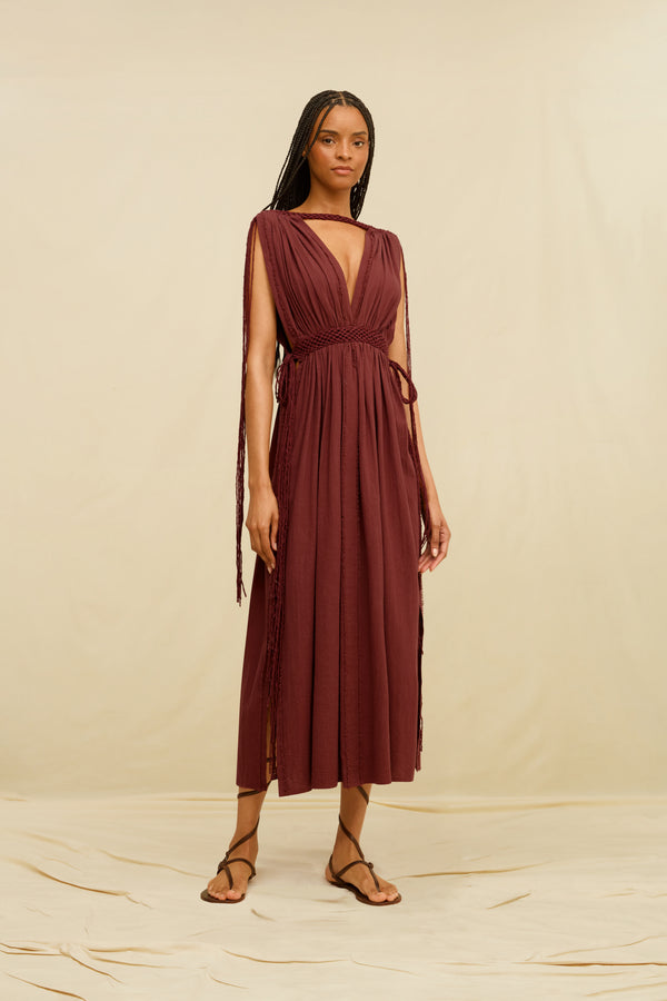 Lazara Midi Dress Artisanal Cotton - Ruby Wine