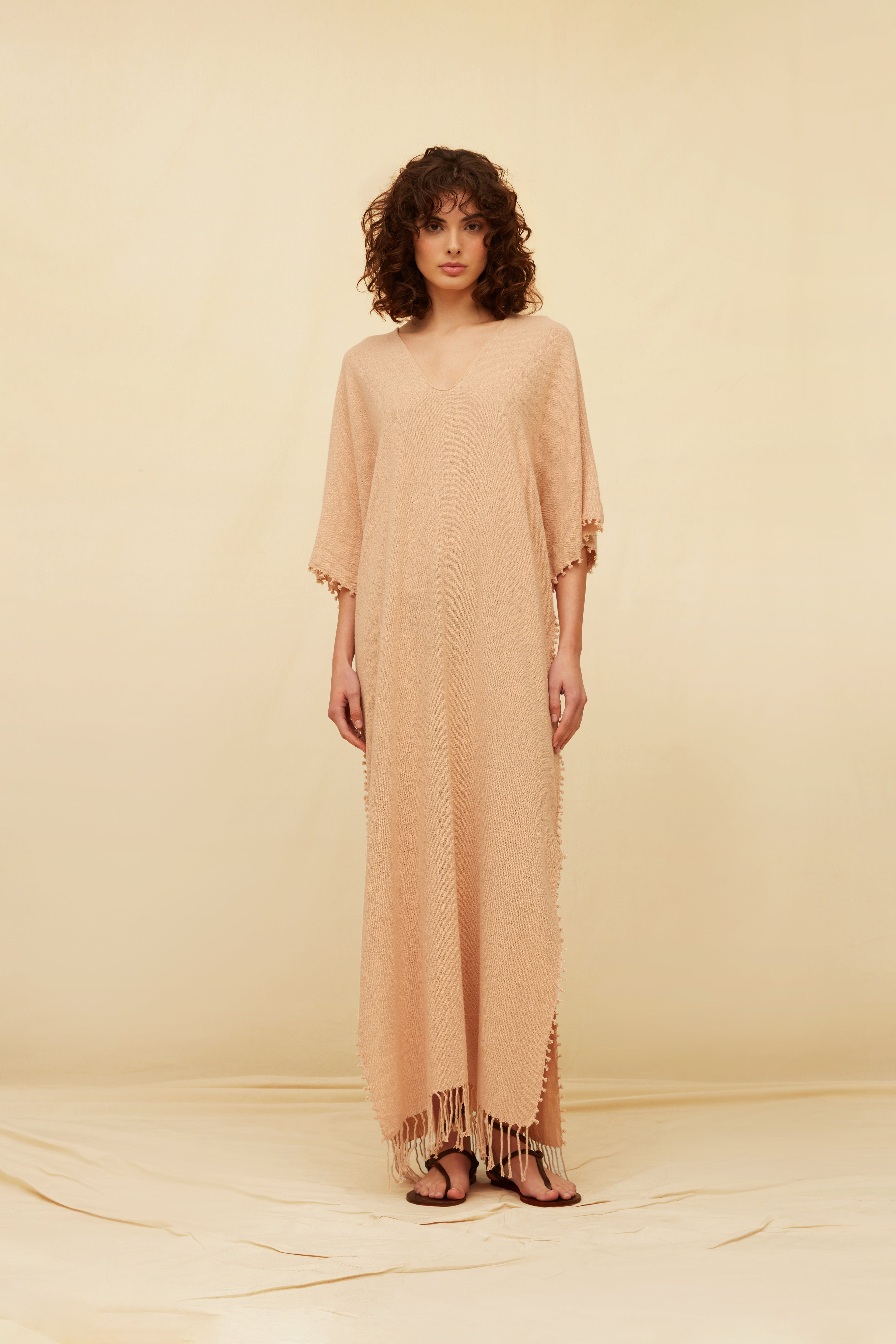 maxi dress sustainable Caravana Womens 3/4 Sleeve Maxi Dress Fully Handmade with Sustainable Cotton Signature Knot Detailing Beige One Size Handmade Made In Mexico