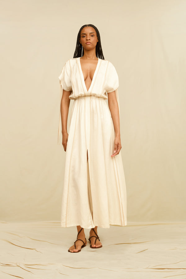 Solara Long Dress Linen Cupro - Bone