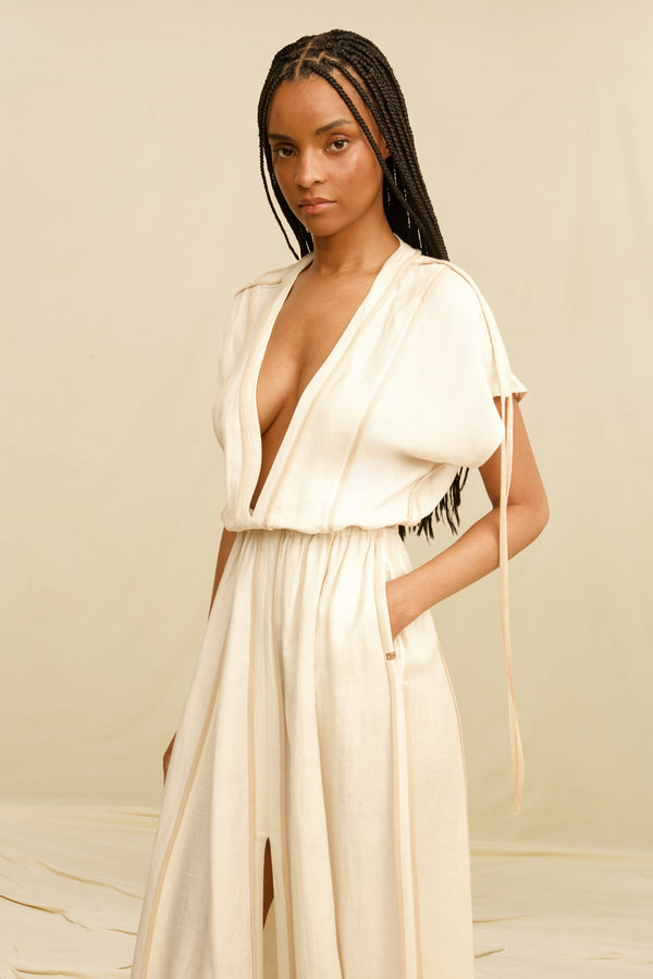 Solara Long Dress Linen Cupro - Bone
