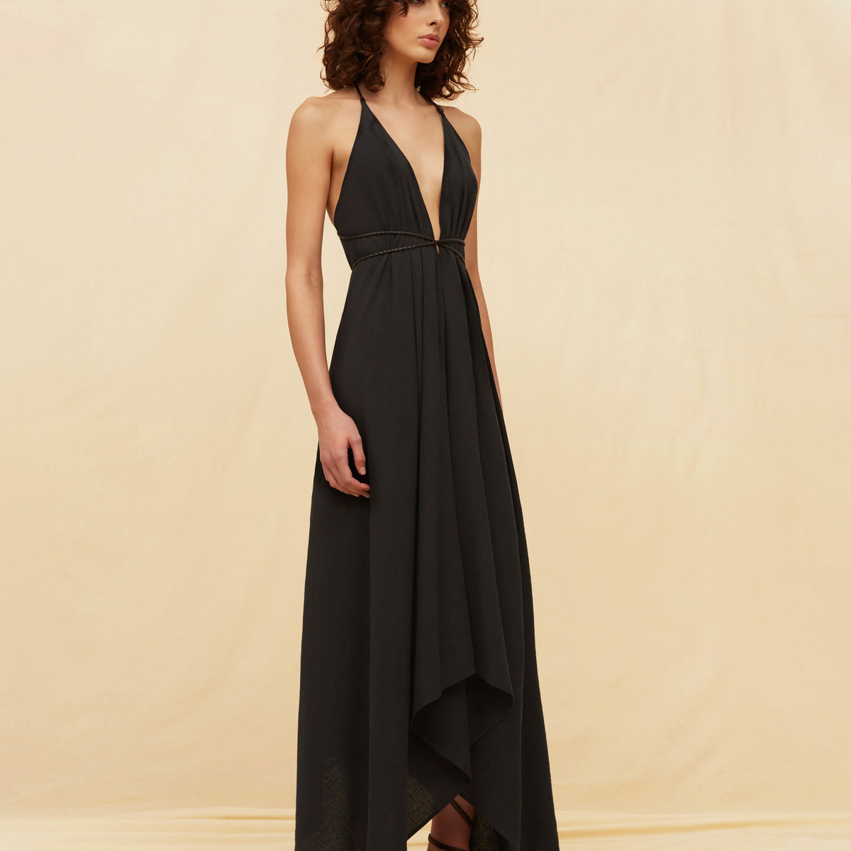 Caravana Womens Long Cotton V-Neck Dress Black