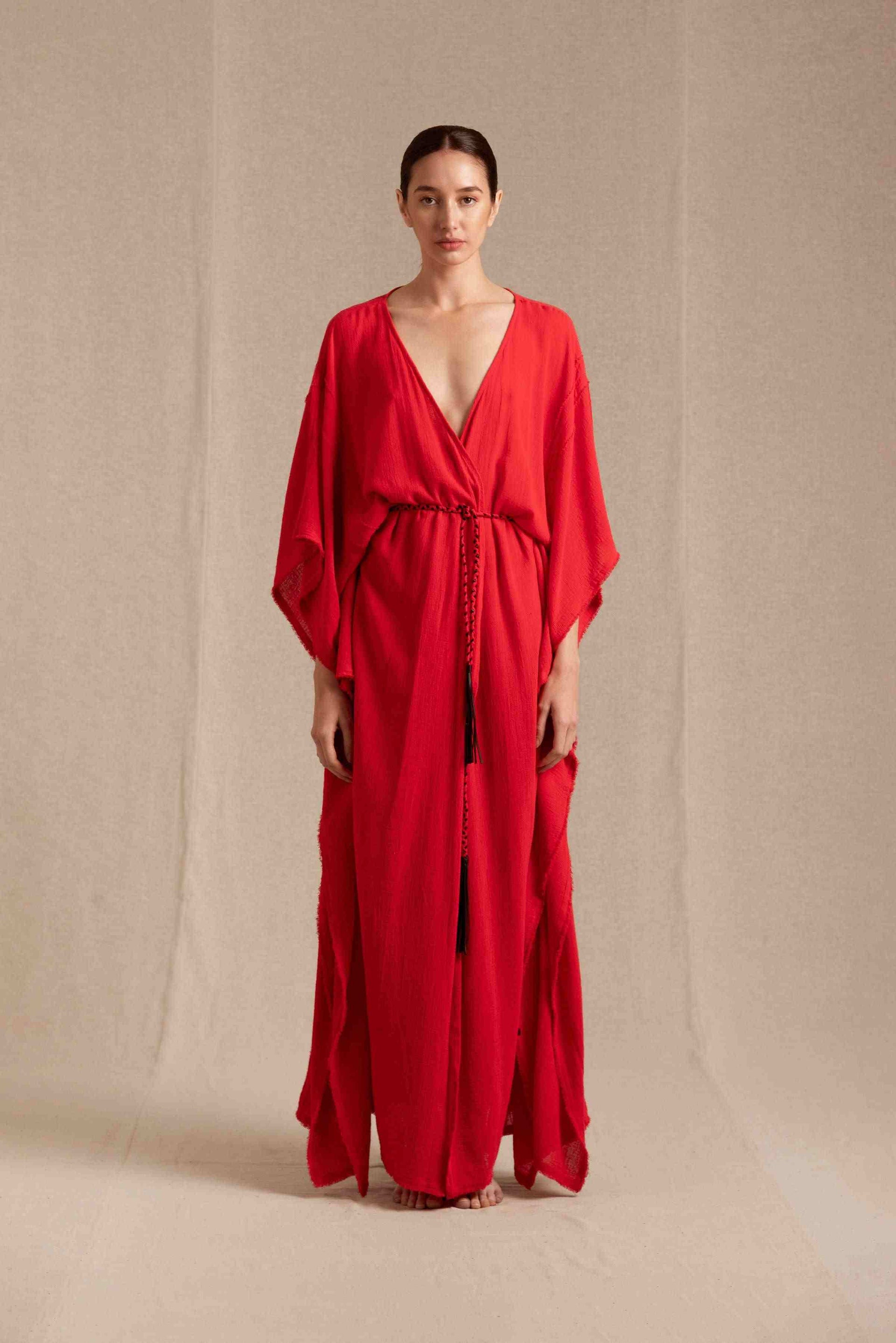 Caravana Womens Luxury Maxi Kaftan with Cow Leather Trim Details Braided Cotton Leather Belt Scarlet Red One Size Made in Mexico