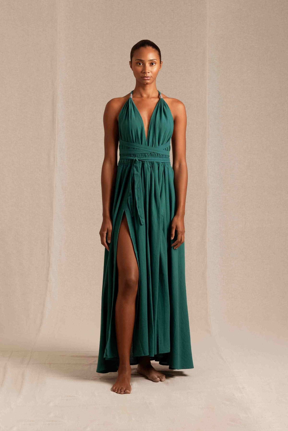 artisanal green maxi dress Women Plus Size Solid Green V-Neck Slit Sleeve Waist Tie-Up Crepe Flared  Wrap Midi Dress main image 1