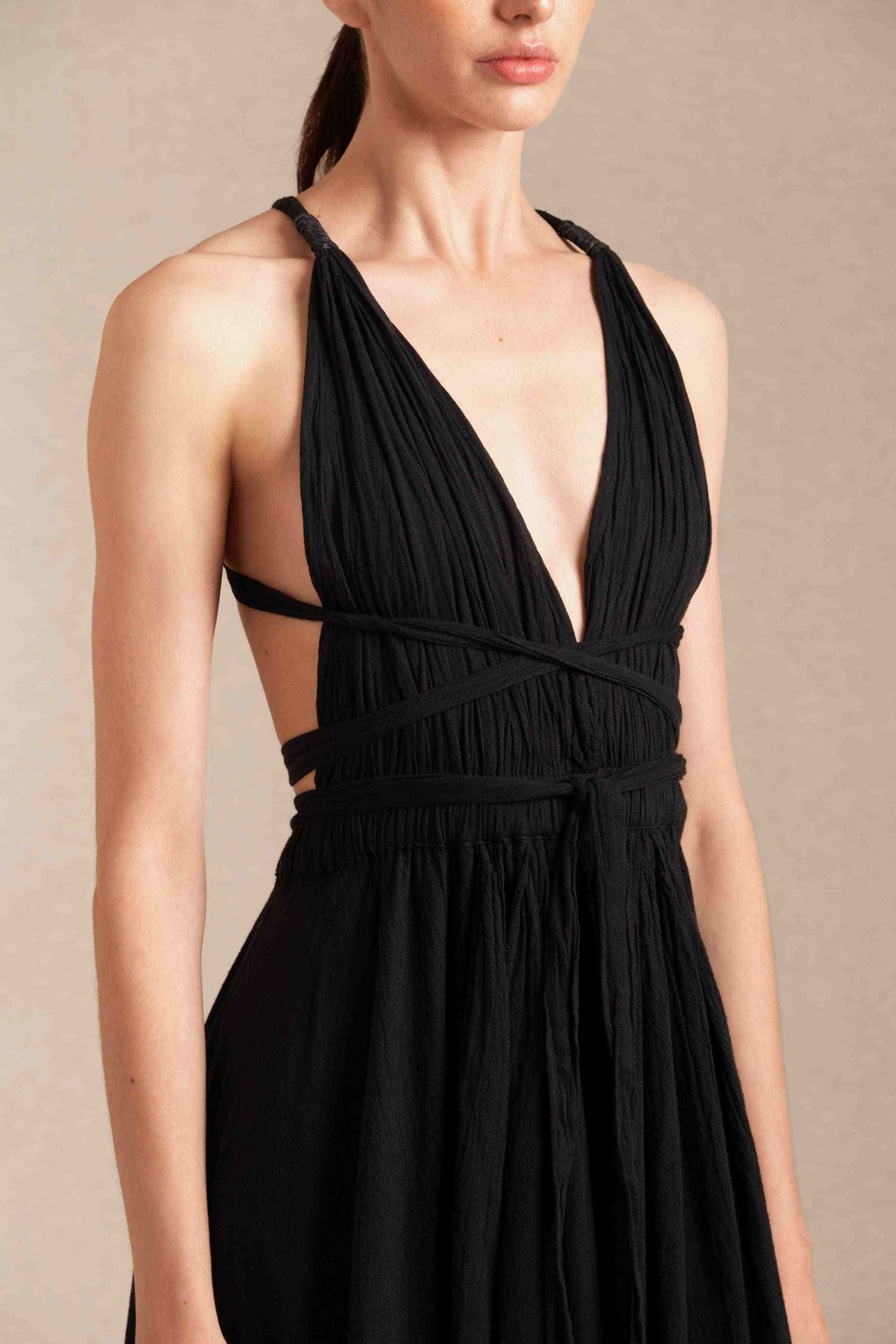 Caravana Womens Maxi Dress with Cow Leather Trim Details and Open Back in Black caravana.land Caravana Womens Maxi Dress with Cow Leather Trim Details and Open Back in Black caravana.land
