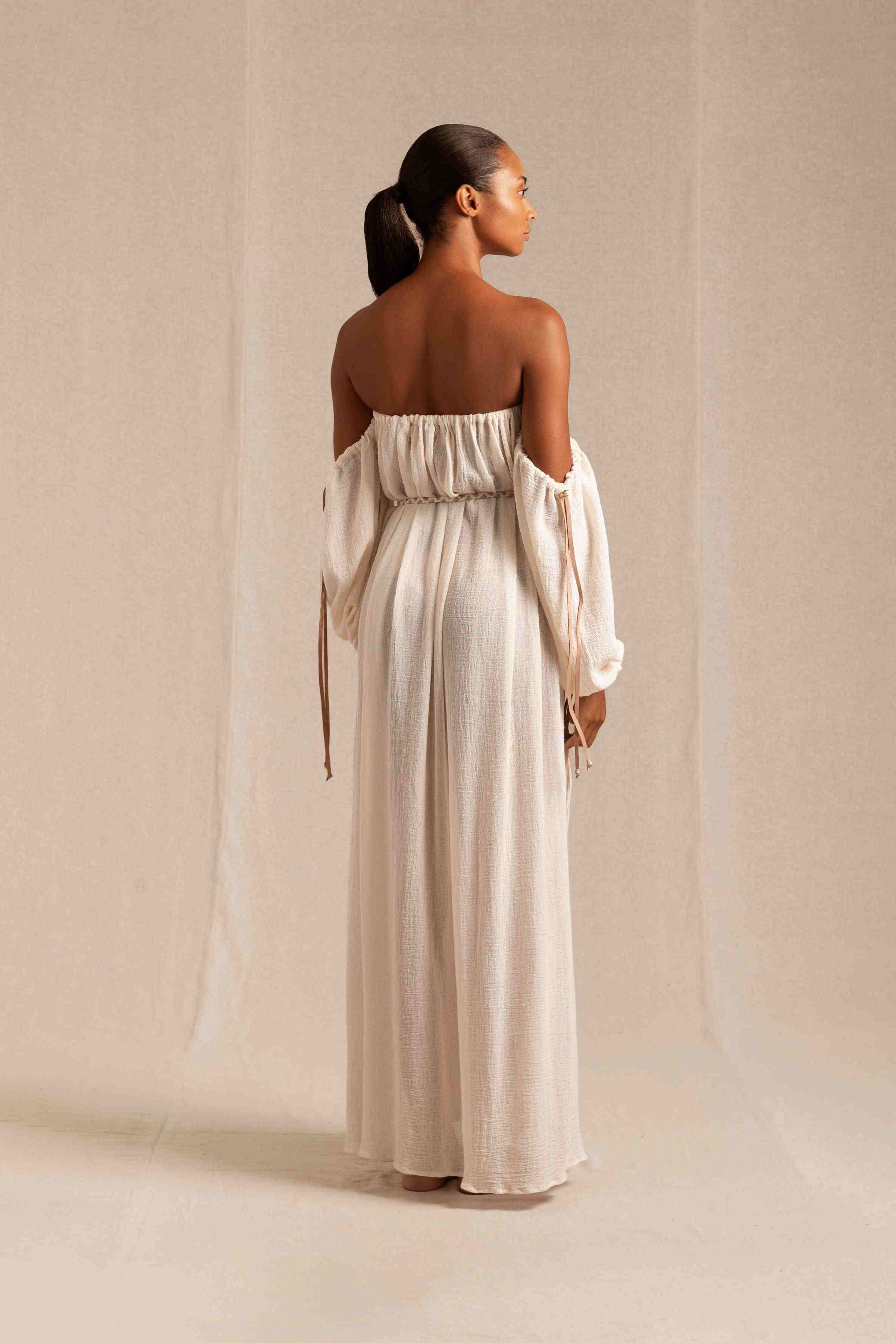 Caravana Womens Maxi Dress Hand Woven Cotton Gauze with Cow Leather Trim Details in Natural White One Size