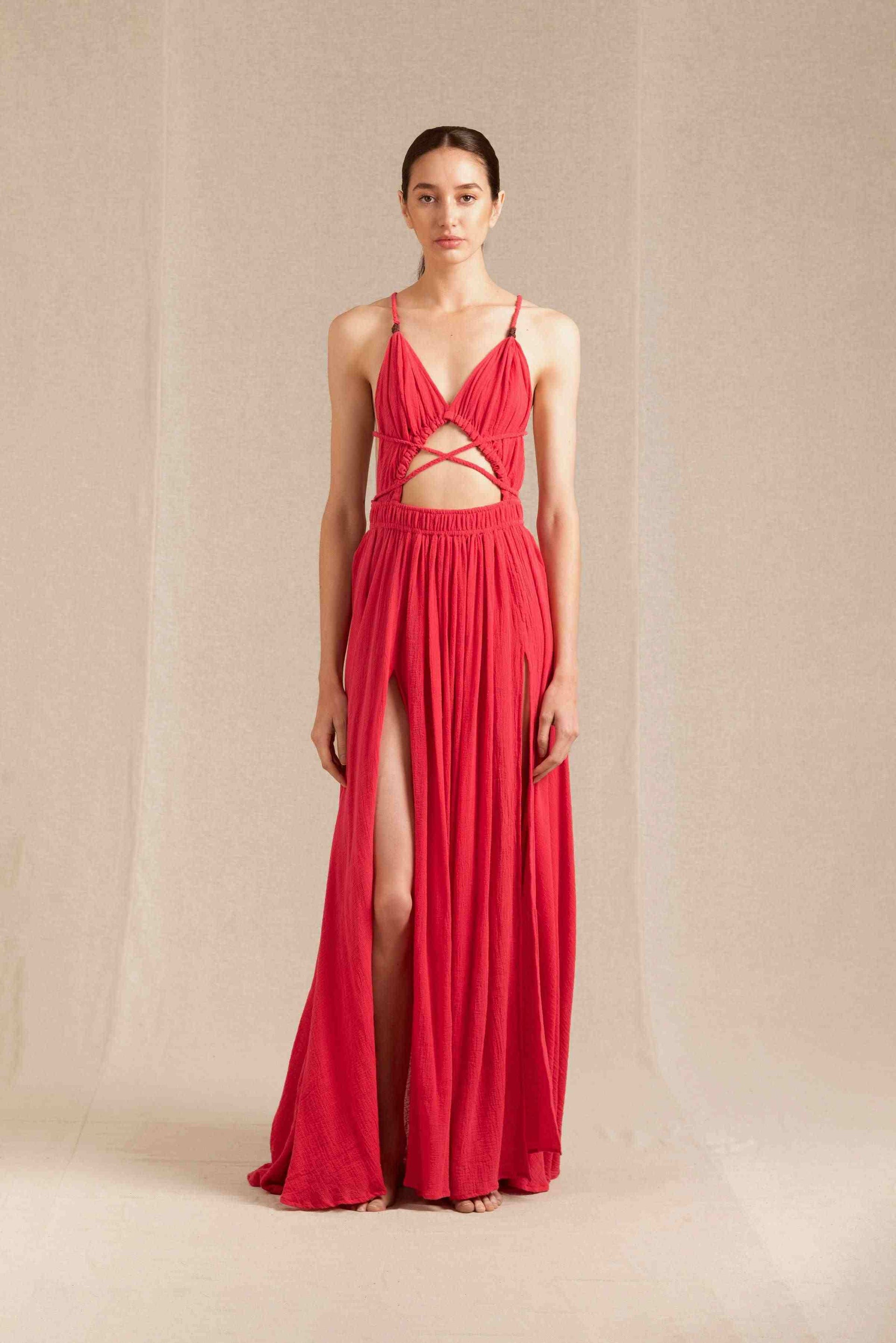 Caravana Womens Designer Maxi Dress Sustainable Cotton Gauze Open Back Adjustable Ties in Pink One Size