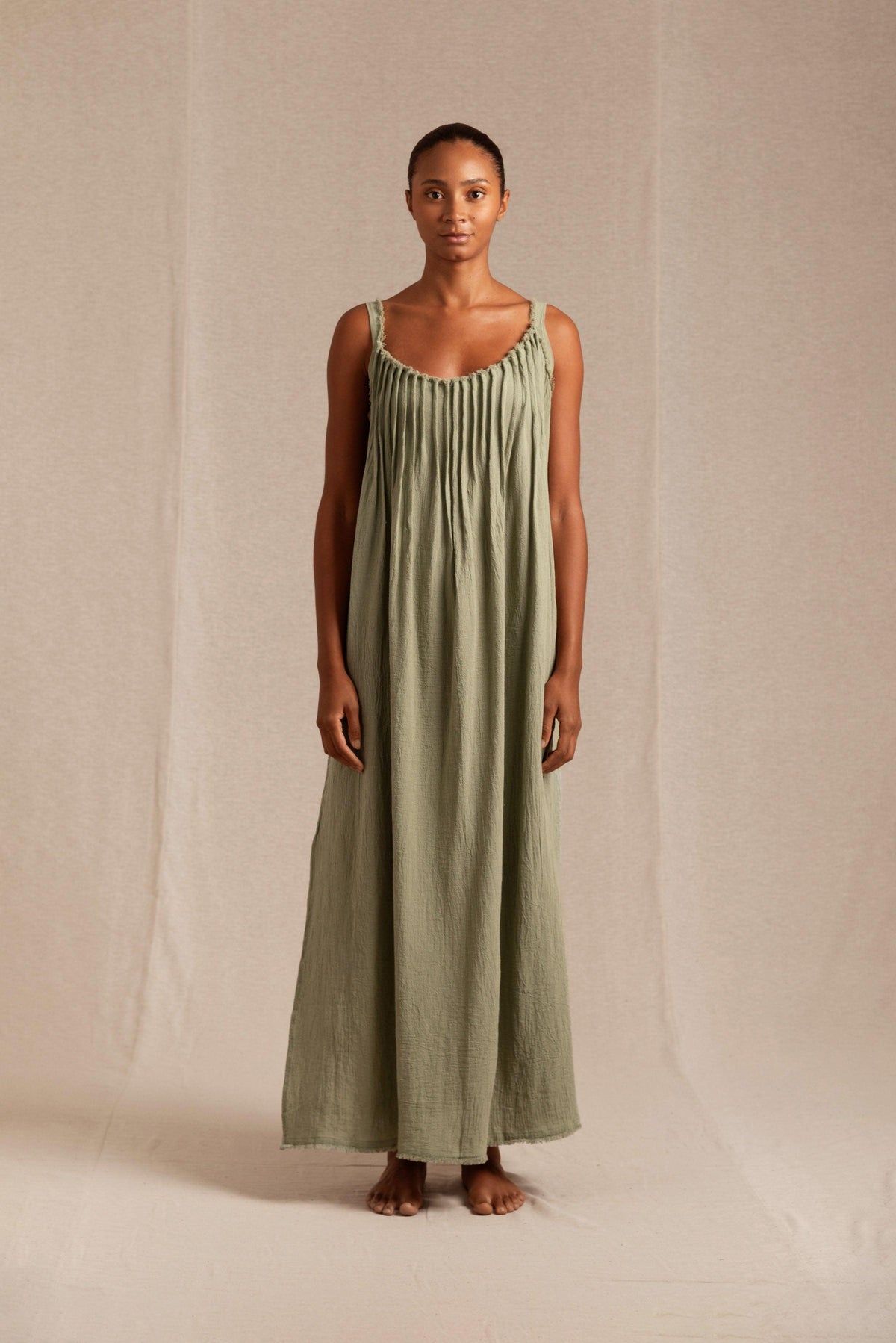 Caravana Womens Maxi Dress Artisanal Cotton with Pleat Details and Side Slits in Sage Green caravana.land Caravana Womens Maxi Dress Artisanal Cotton with Pleat Details and Side Slits in Sage Green caravana.land