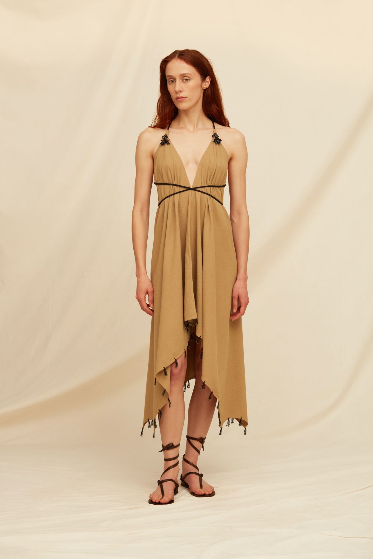 artisanal brown dress Caravana Wome's Embroidered Cotton Sepia ONE SIZE 100% Cotton Yarn women's sale clothing Belt Size:38 Wear the deep V Classic Long Ivory A-line