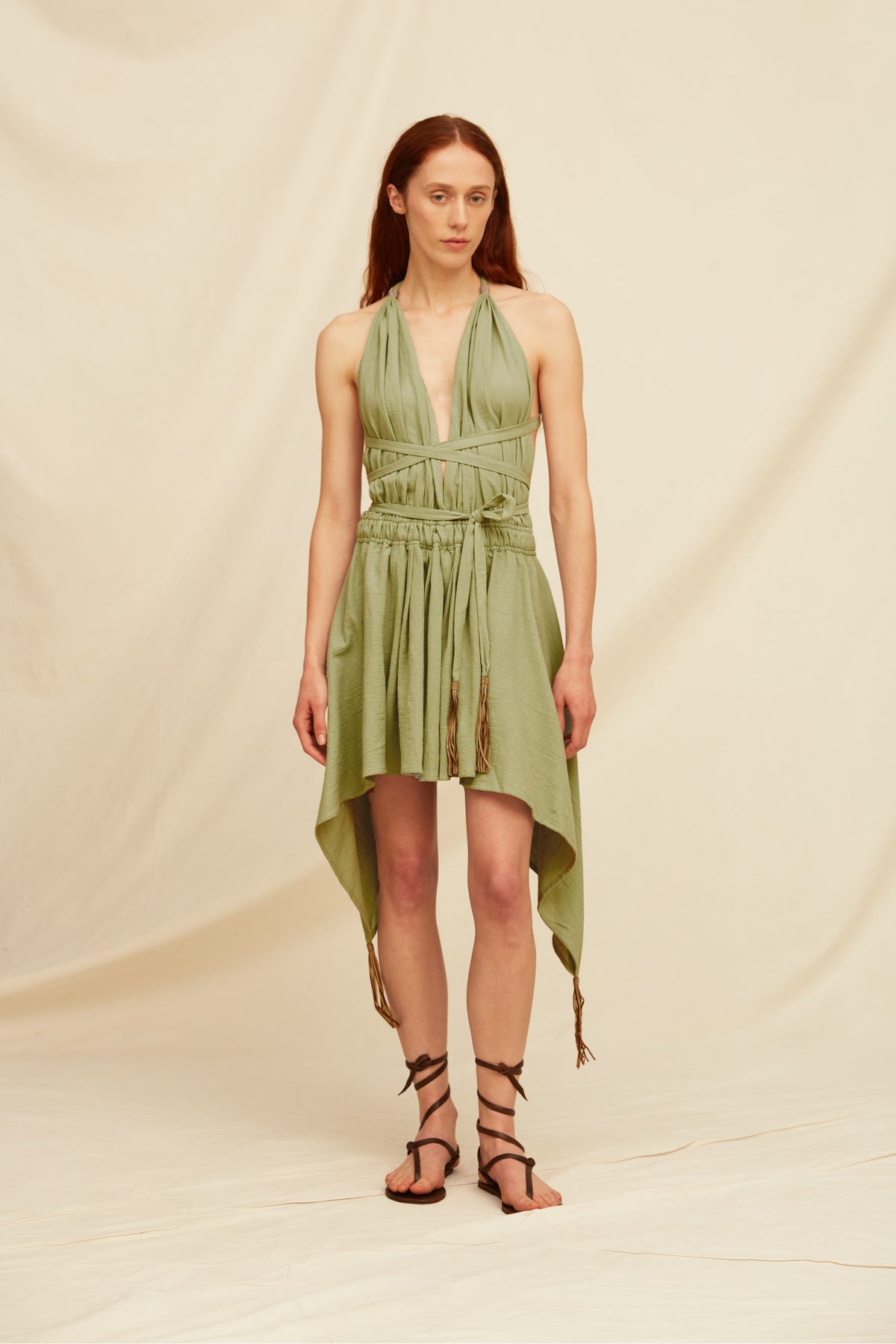 Caravana Womens Maxi Dress with Open Back and Adjustable Cotton Ties Made with Sustainable Artisanal Cotton in Sage Green Caravana Womens Maxi Dress with Open Back and Adjustable Cotton Ties Made with Sustainable Artisanal Cotton in Sage Green