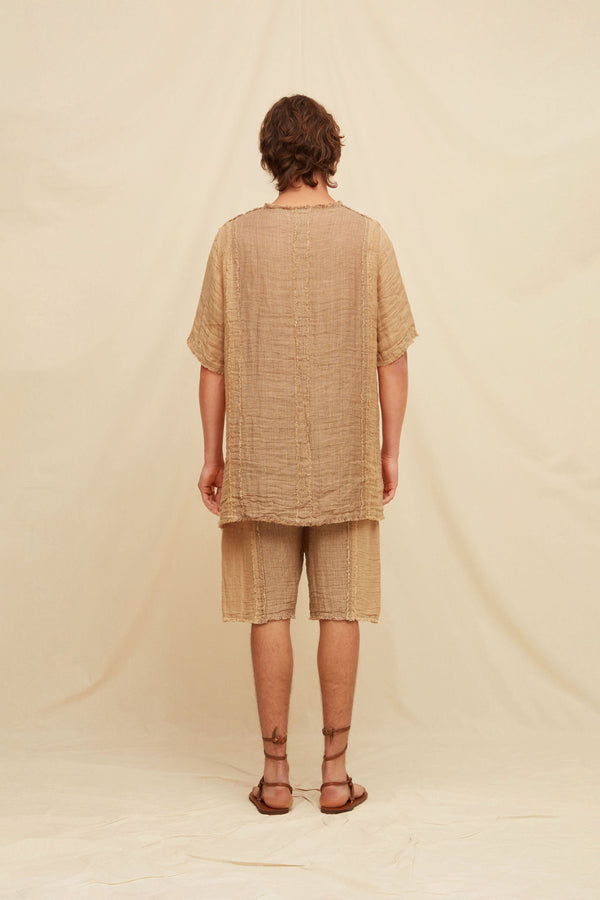 Damoni Lines Shirt Linen Cotton - Taupe / Clay