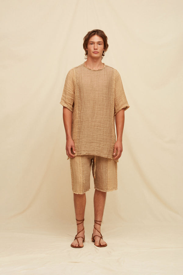 Damoni Lines Shirt Linen Cotton - Taupe / Clay