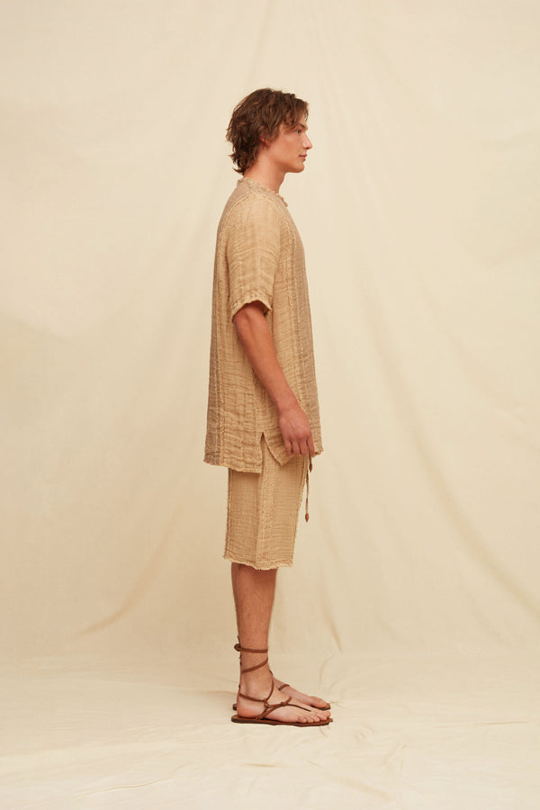Damoni Lines Shirt Linen Cotton - Taupe / Clay