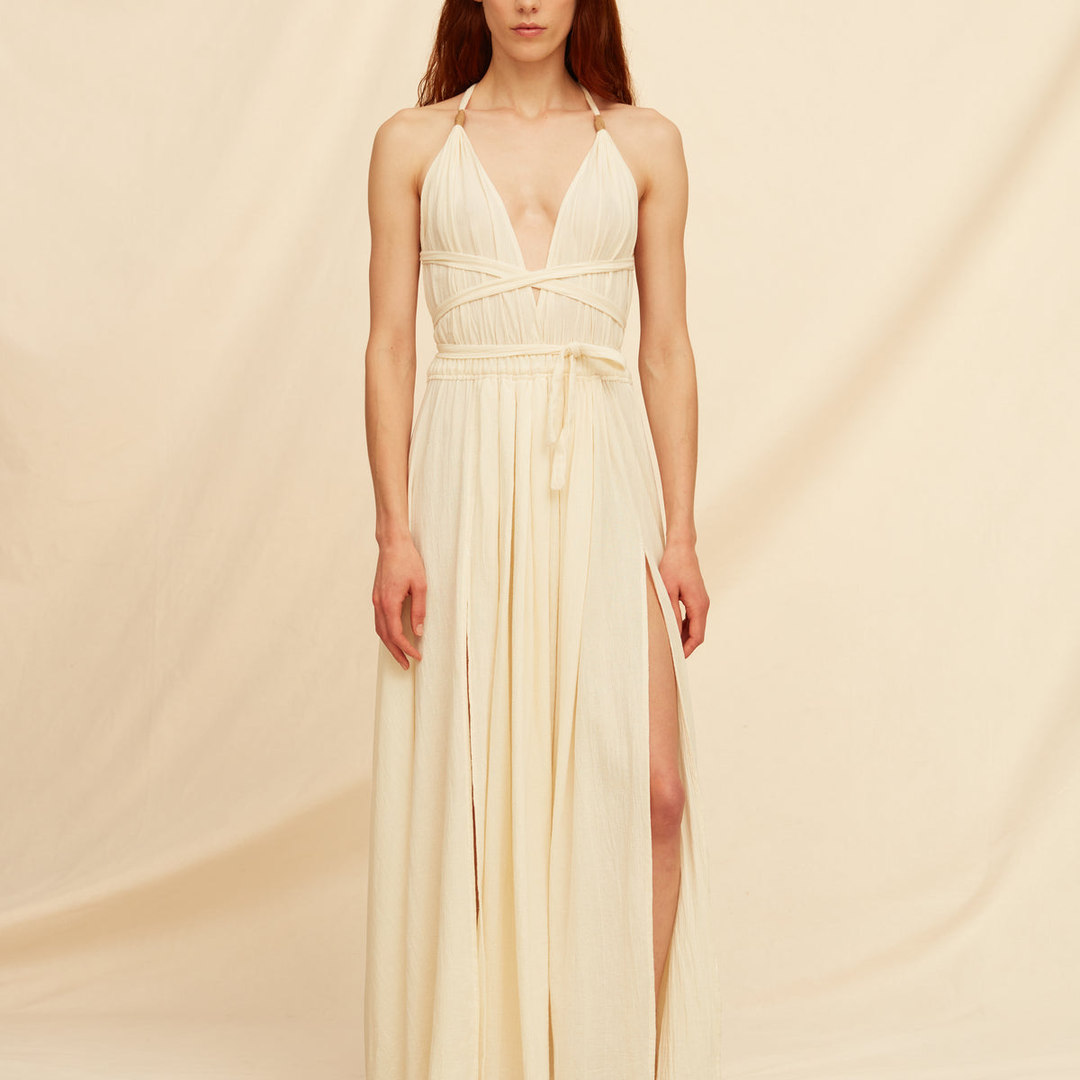 womens white cotton dress Caravana Womens Maxi Dress with Cow Leather Trim Details Open Back Natural White One Size