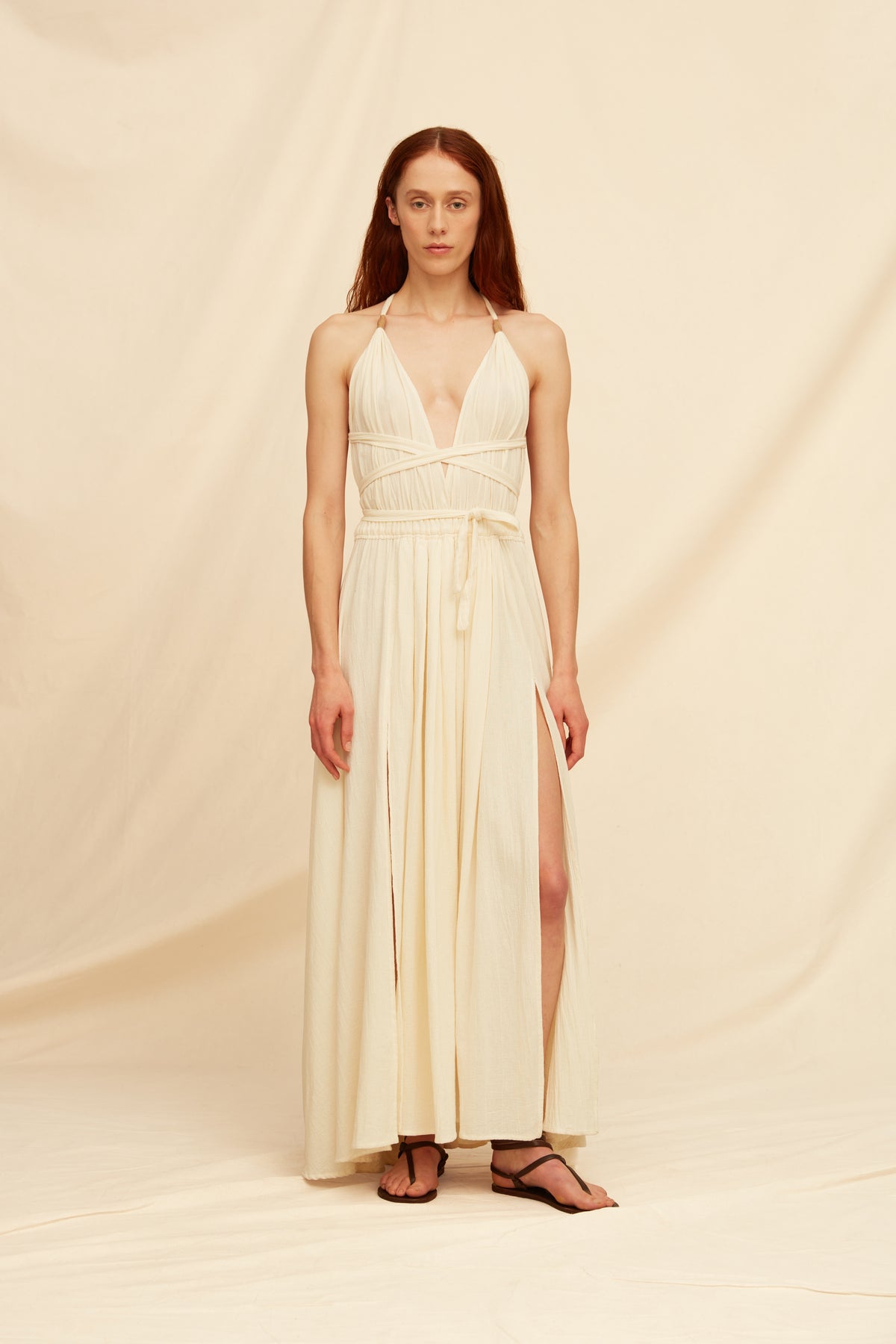 Caravana Womens Maxi Dress with Cow Leather Trim Details Open Back Natural White One Size Caravana Womens Maxi Dress with Cow Leather Trim Details Open Back Natural White One Size