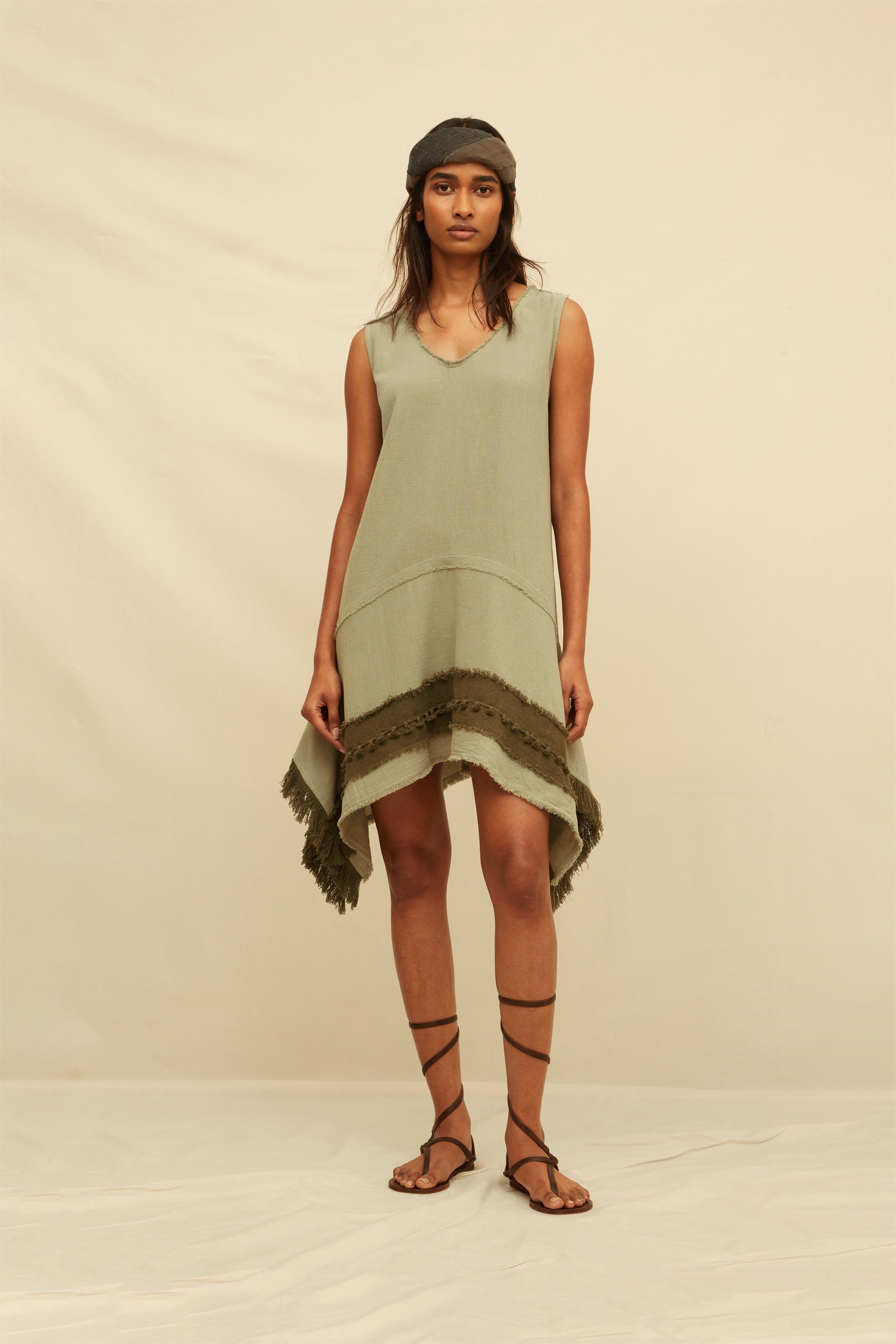 Erya Mini Dress Artisanal Cotton - Sage / Olive