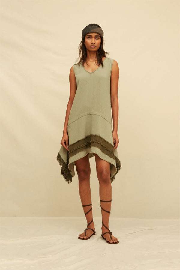 Erya Mini Dress Artisanal Cotton - Sage / Olive