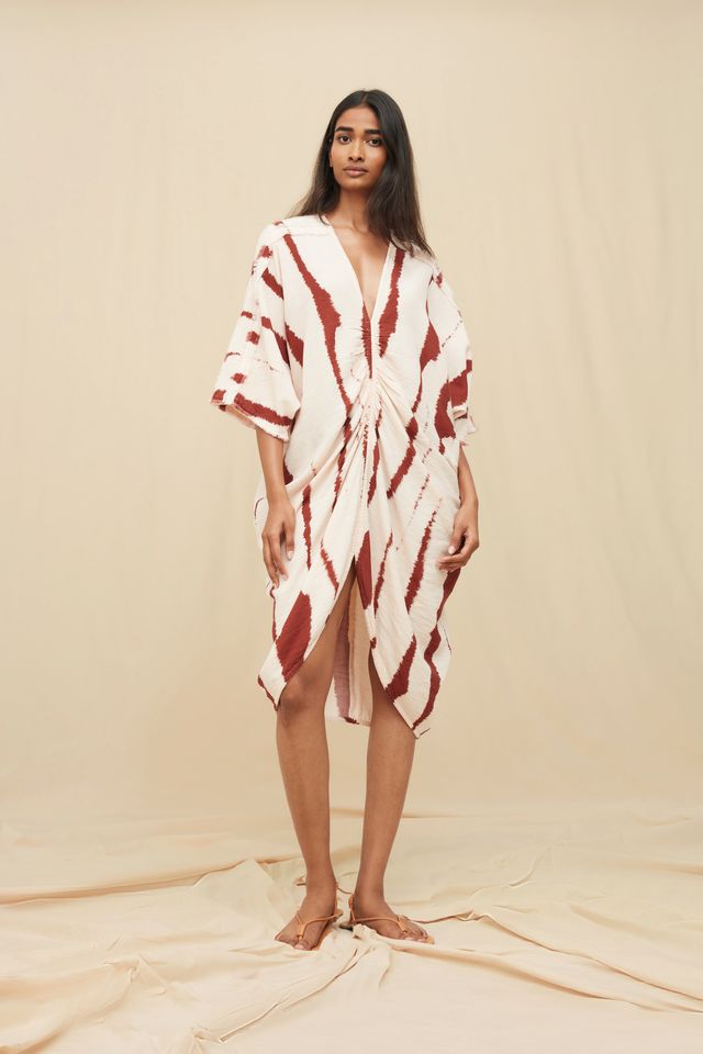 Zanura Long Kaftan Artisanal Cotton - Driftwood Stripe Pink