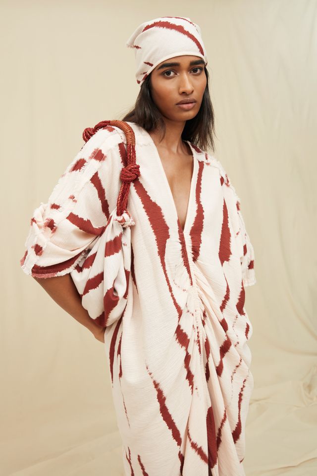 Zanura Long Kaftan Artisanal Cotton - Driftwood Stripe Pink